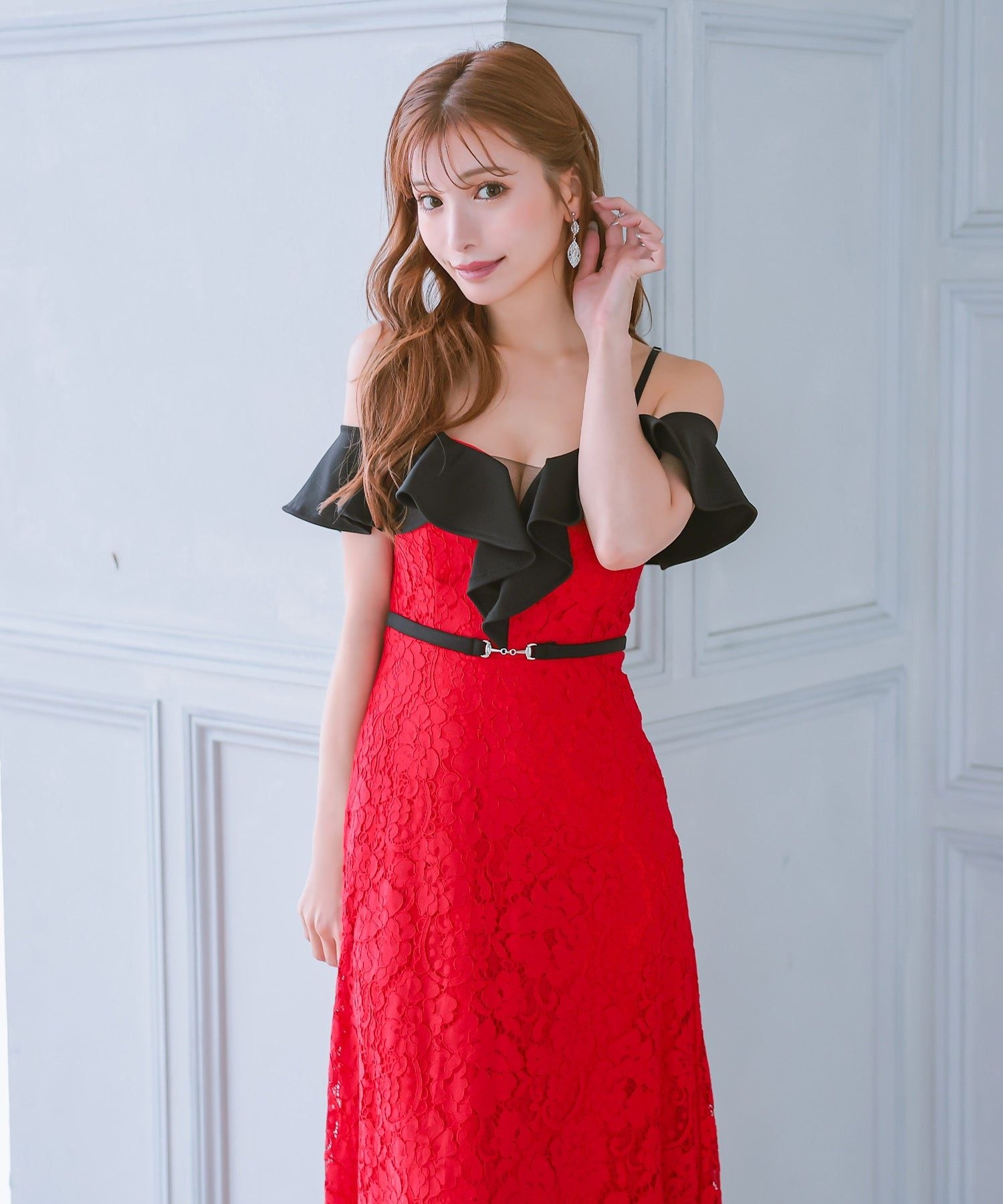 Tika Cabaret Dress Off-Shoulder Frill Chest Waist Belt All Lace A-Line Long  Dress