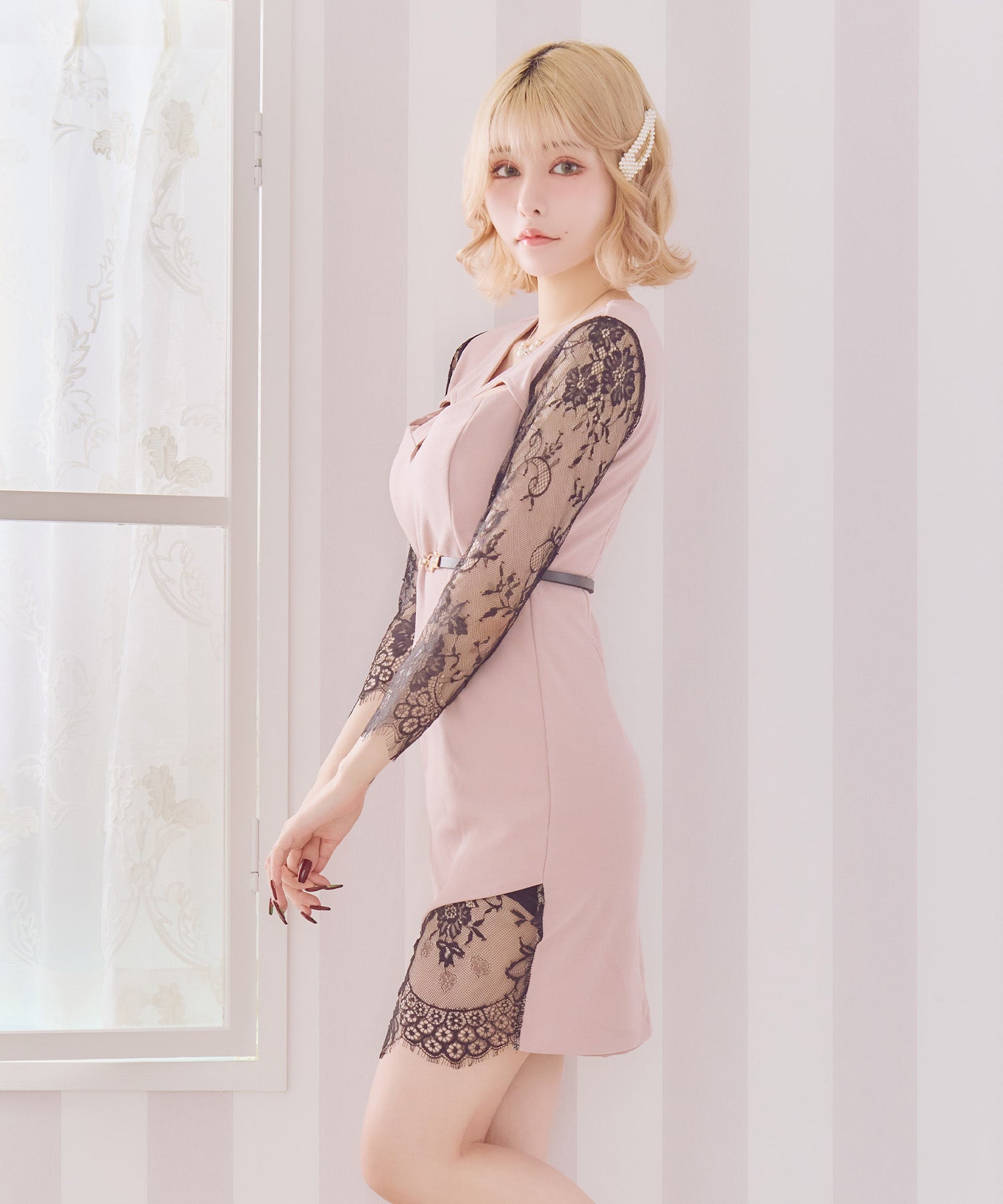 Tika Cabaret Dress with Waist Belt, Black Lace Contrast, Off-Shoulder Cross Design, Tight Mini Dress