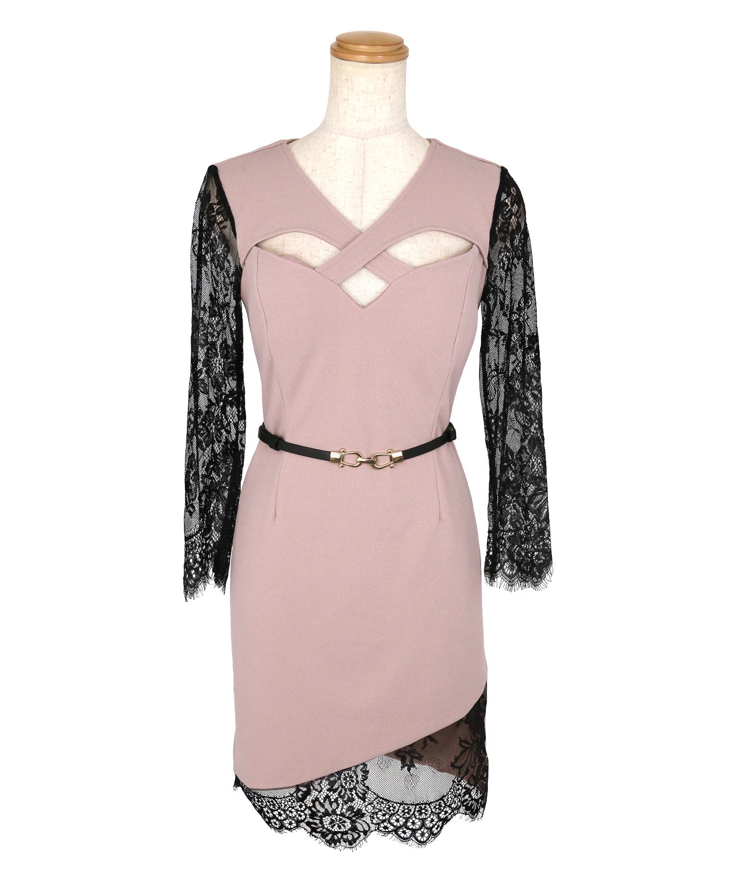 Tika Cabaret Dress with Waist Belt, Black Lace Contrast, Off-Shoulder Cross Design, Tight Mini Dress
