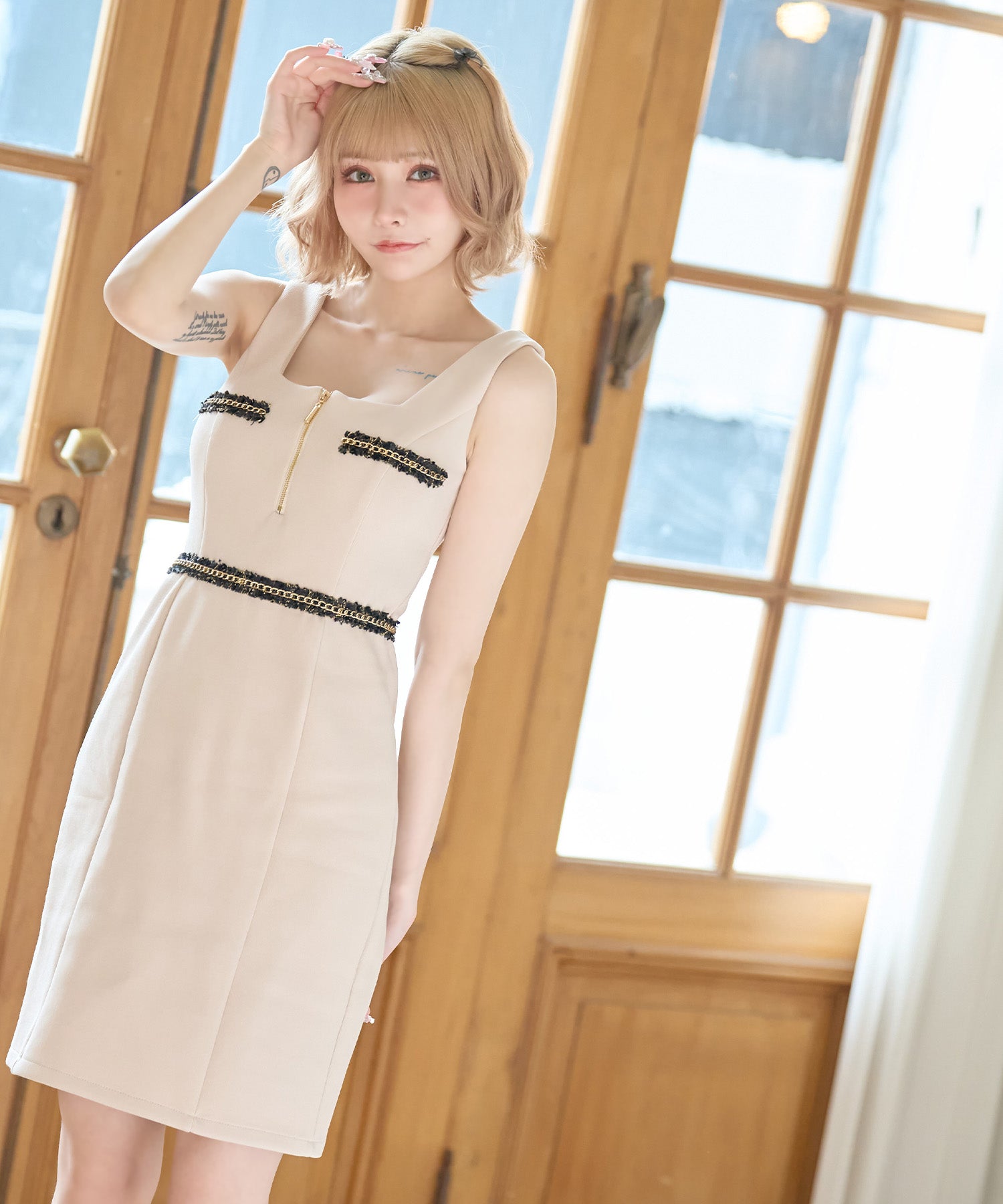 Tika Cabaret Dress Gold Chain Trim Design Front Zip Sleeveless Tight Mini Dress
