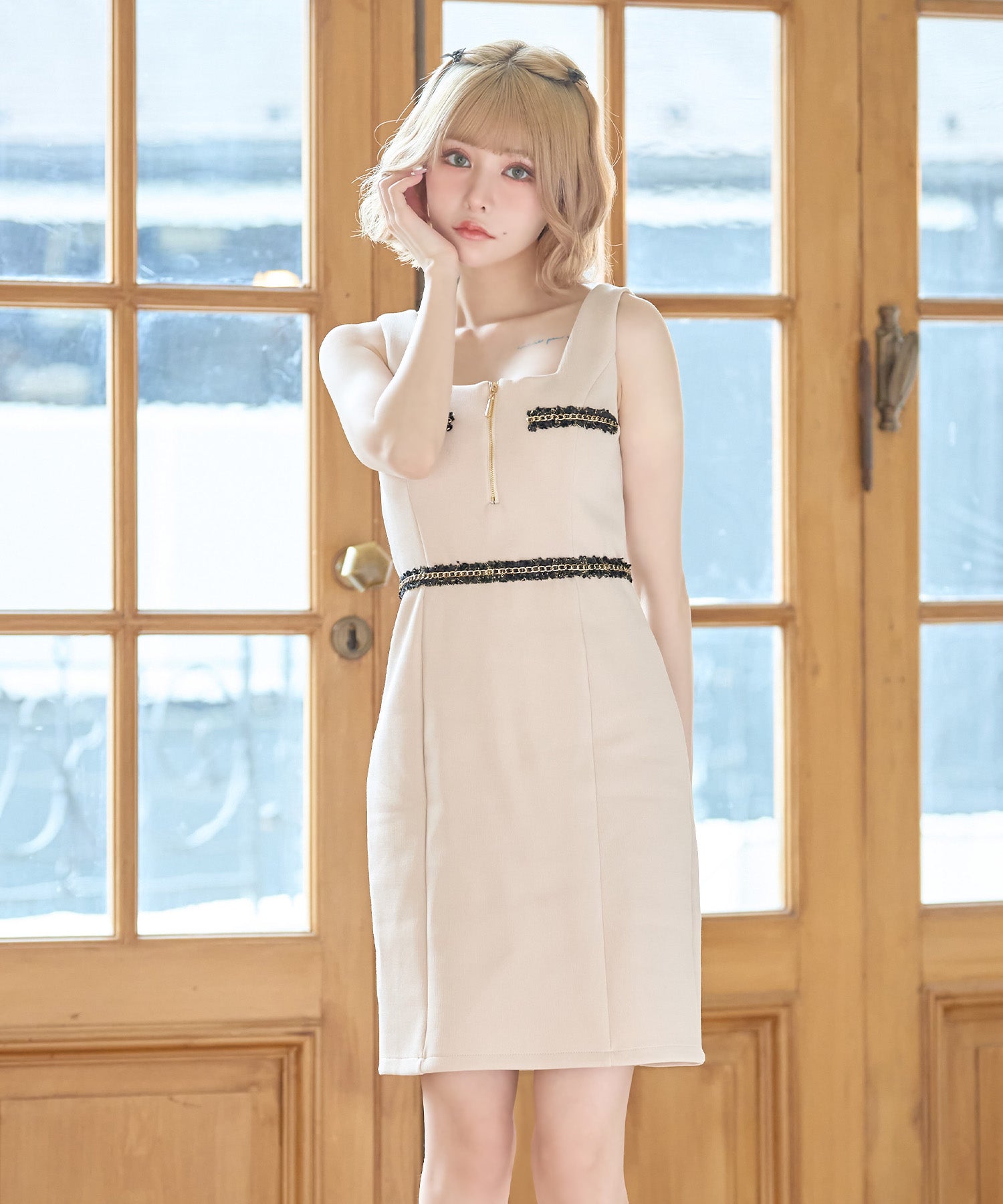 Tika Cabaret Dress Gold Chain Trim Design Front Zip Sleeveless Tight Mini Dress