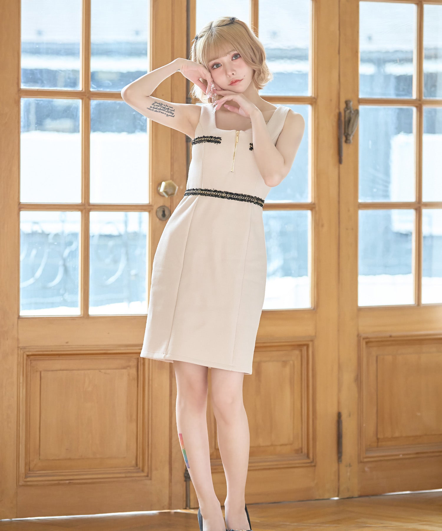 Tika Cabaret Dress Gold Chain Trim Design Front Zip Sleeveless Tight Mini Dress