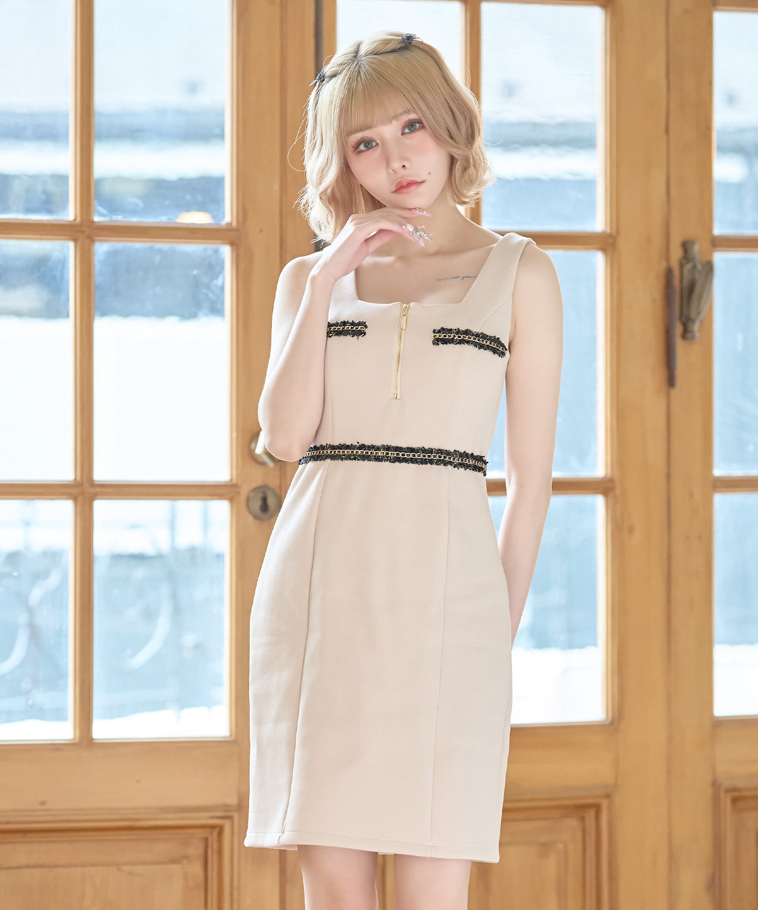 Tika Cabaret Dress Gold Chain Trim Design Front Zip Sleeveless Tight Mini Dress