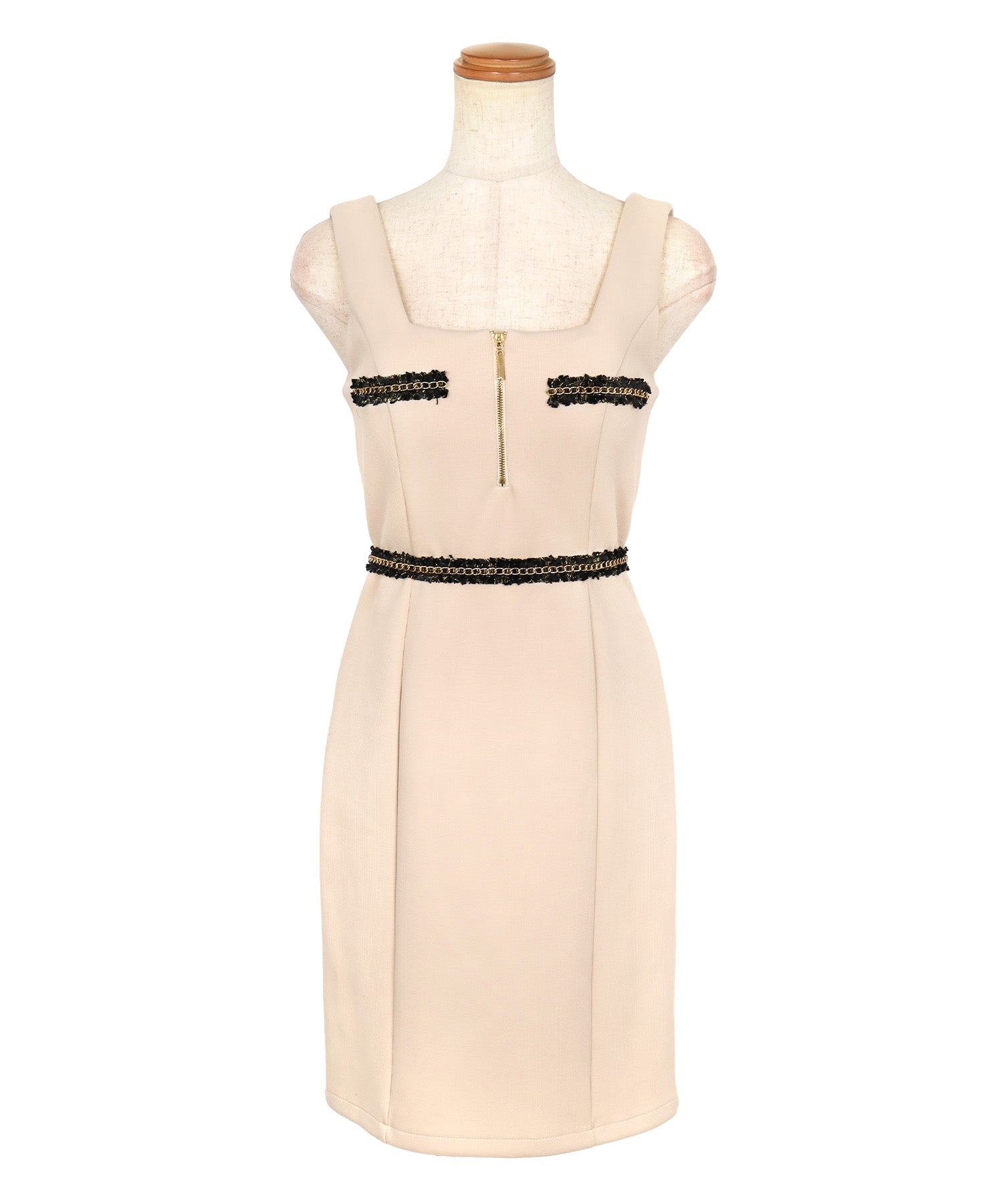 Tika Cabaret Dress Gold Chain Trim Design Front Zip Sleeveless Tight Mini Dress
