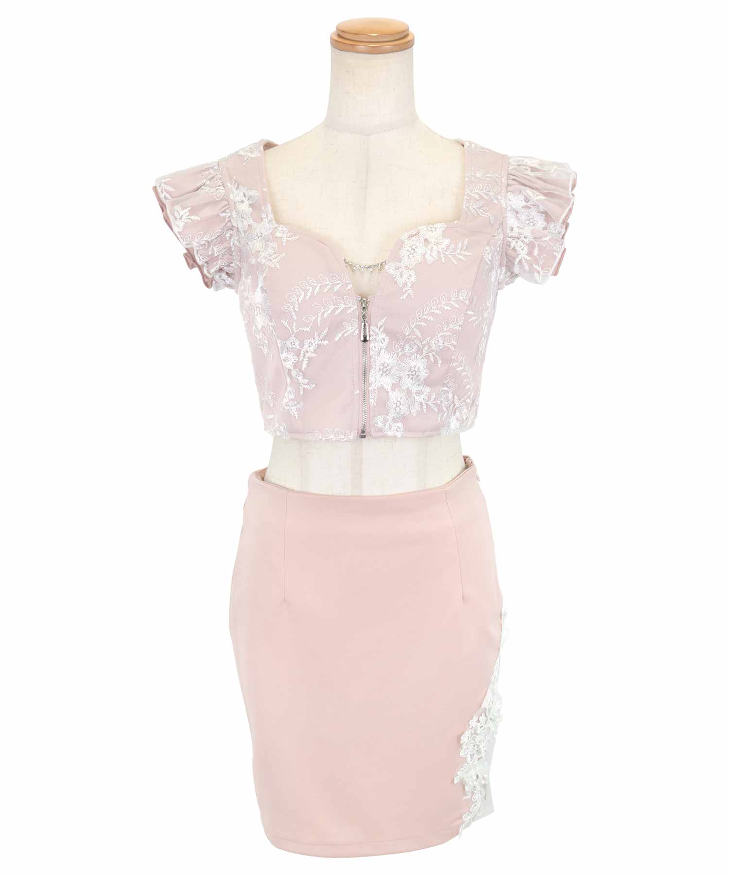 ティカ Tika キャバドレス バストジップフリル袖フェミニンフラワー刺繍セットアップタイトミニドレス