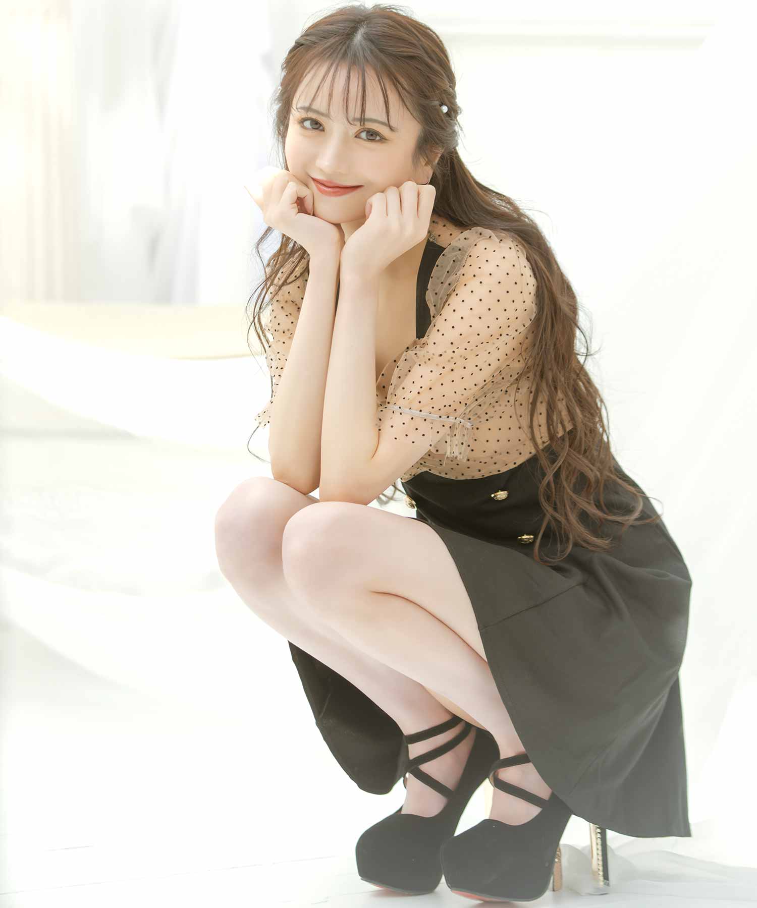 ティカ Tika キャバドレス ドット柄シアー袖ありパフスリーブハイウエスト切替フレアミニドレス