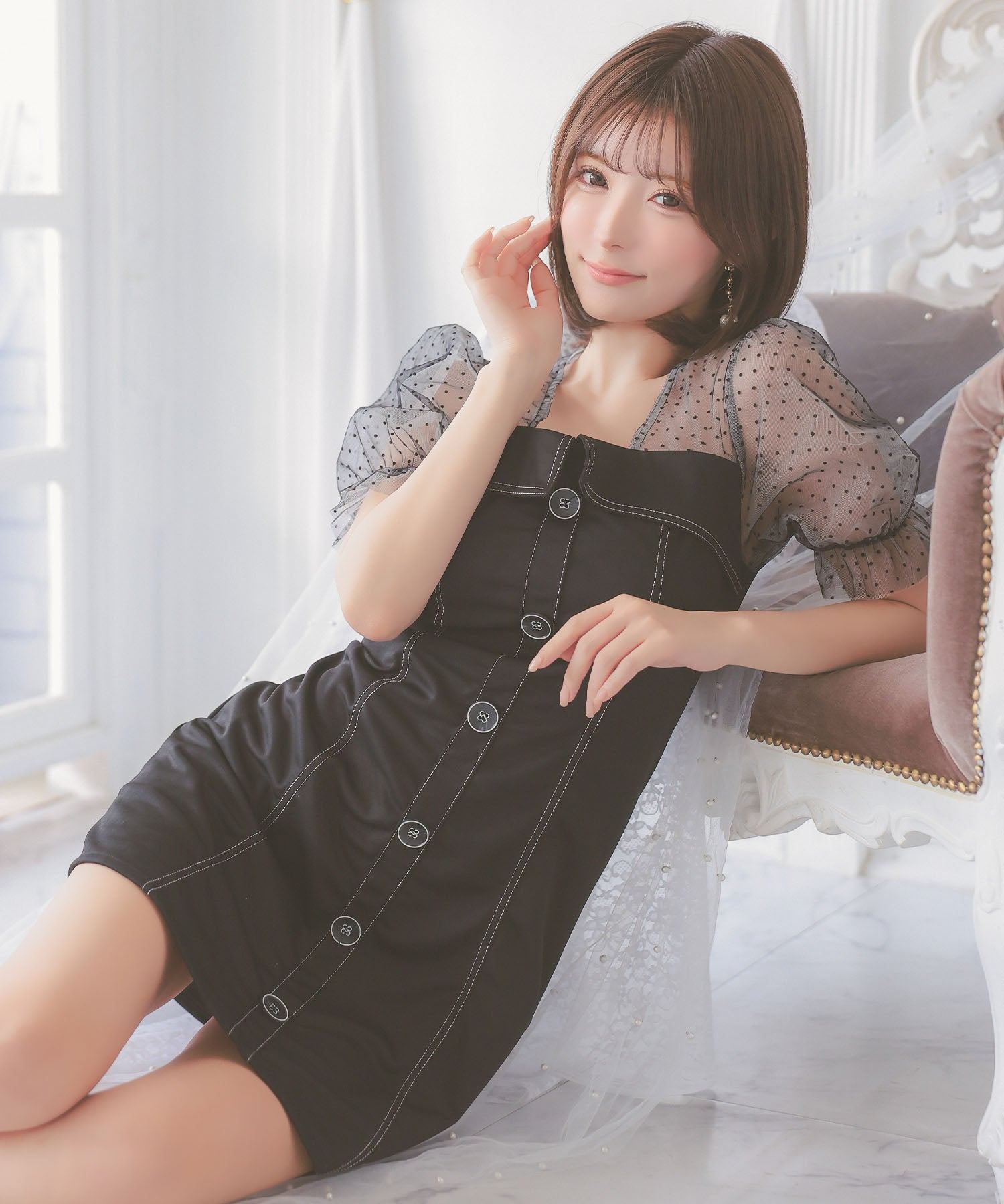 ティカ Tika キャバドレス ドット柄シアー切り替えパフスリーブ半袖フレアミニドレス (Sサイズ～Lサイズ) （ブラック） ブラック