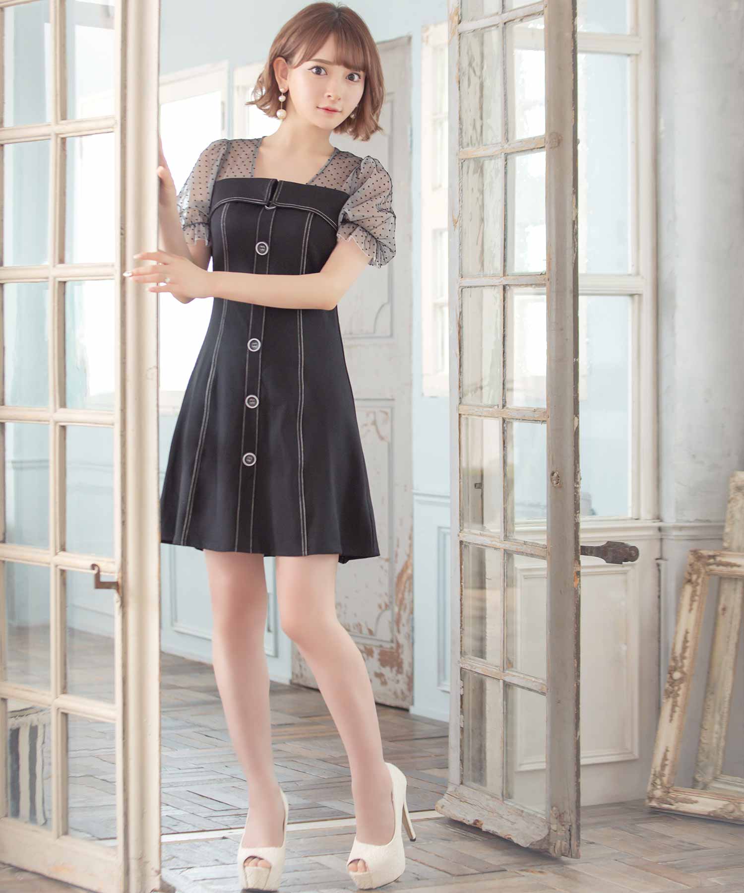 ティカ Tika キャバドレス ドット柄シアー切り替えパフスリーブ半袖フレアミニドレス (Sサイズ～Lサイズ) （ブラック） ブラック