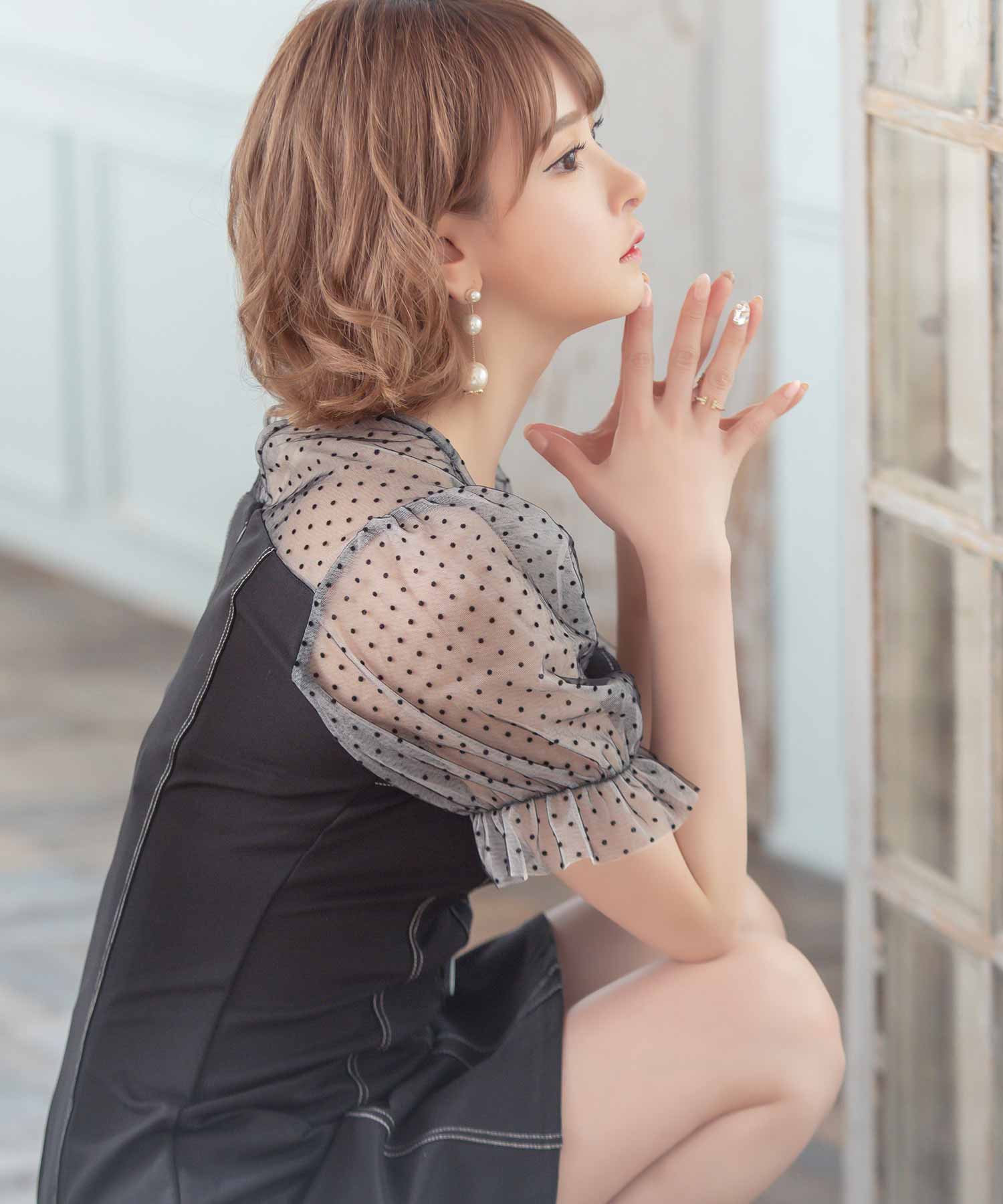 ティカ Tika キャバドレス ドット柄シアー切り替えパフスリーブ半袖フレアミニドレス (Sサイズ～Lサイズ) （ブラック） ブラック