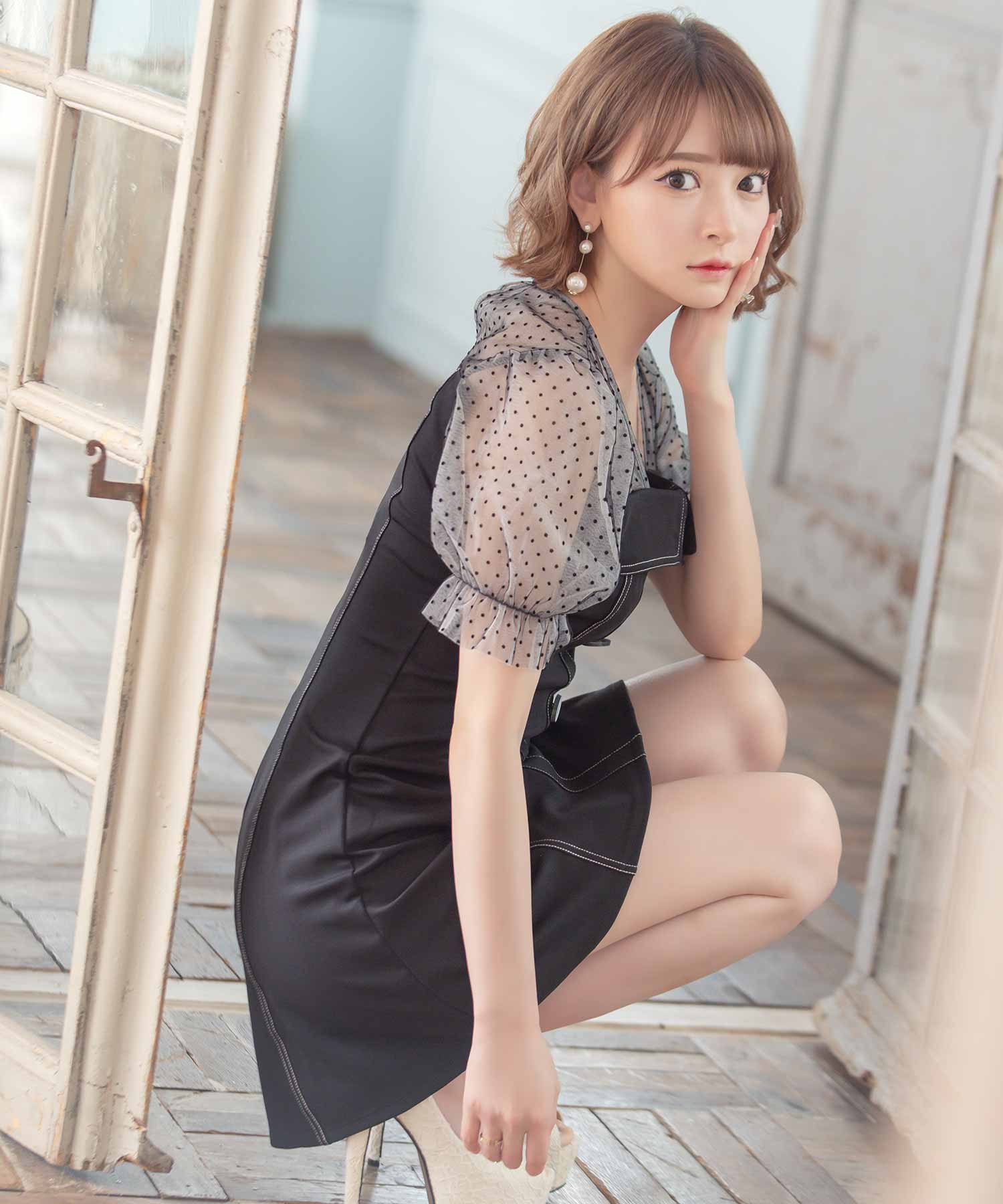 ティカ Tika キャバドレス ドット柄シアー切り替えパフスリーブ半袖フレアミニドレス (Sサイズ～Lサイズ) （ブラック） ブラック