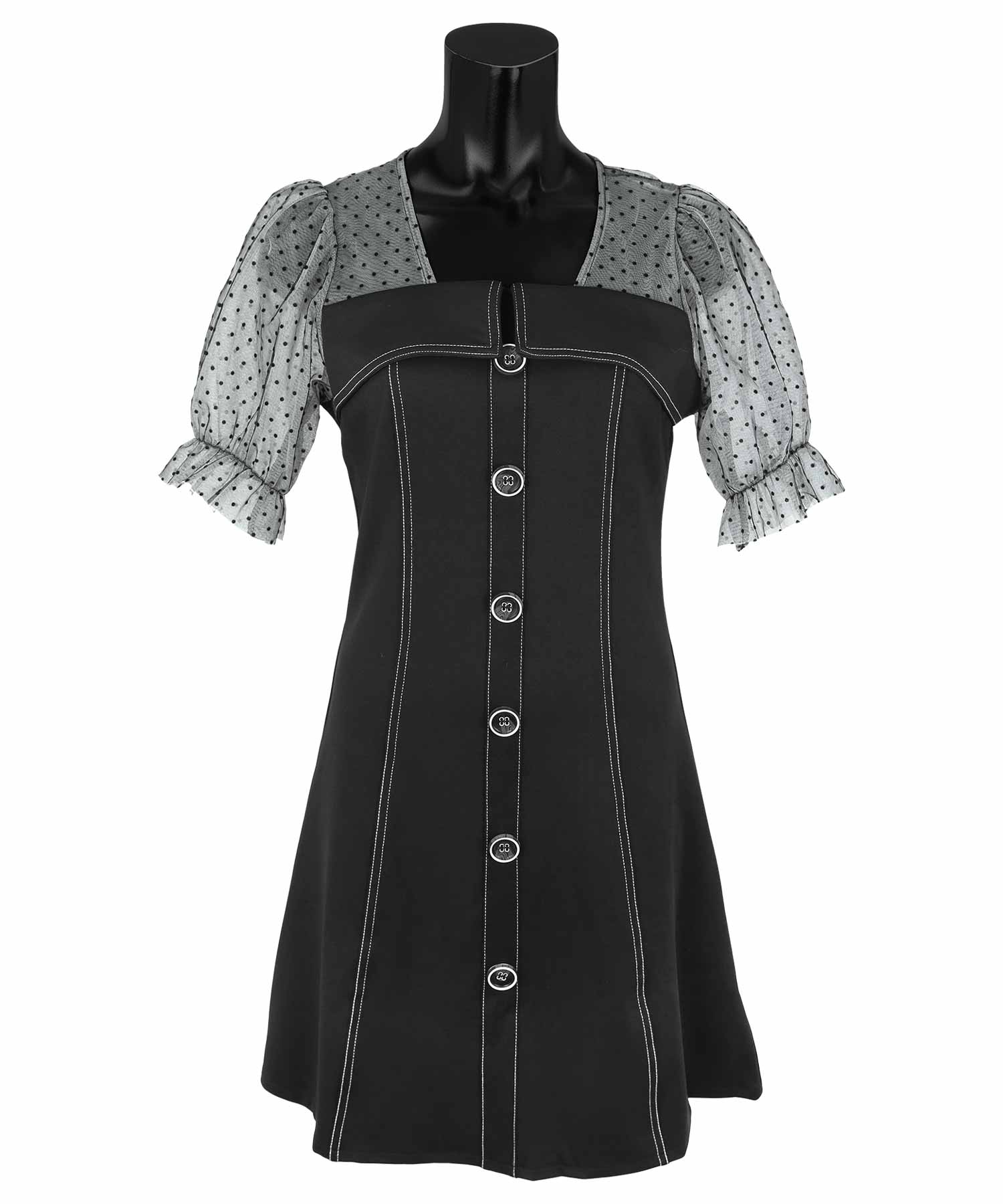 ティカ Tika キャバドレス ドット柄シアー切り替えパフスリーブ半袖フレアミニドレス (Sサイズ～Lサイズ) （ブラック） ブラック