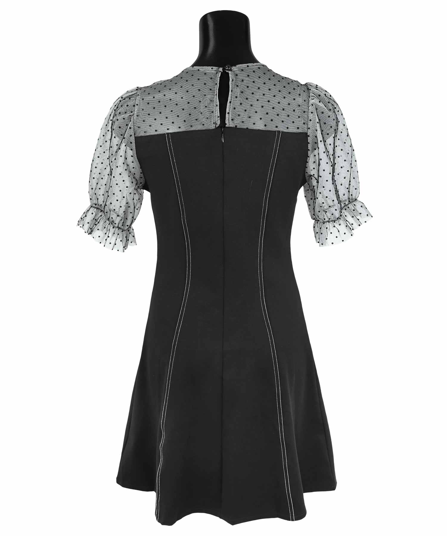 ティカ Tika キャバドレス ドット柄シアー切り替えパフスリーブ半袖フレアミニドレス (Sサイズ～Lサイズ) （ブラック） ブラック