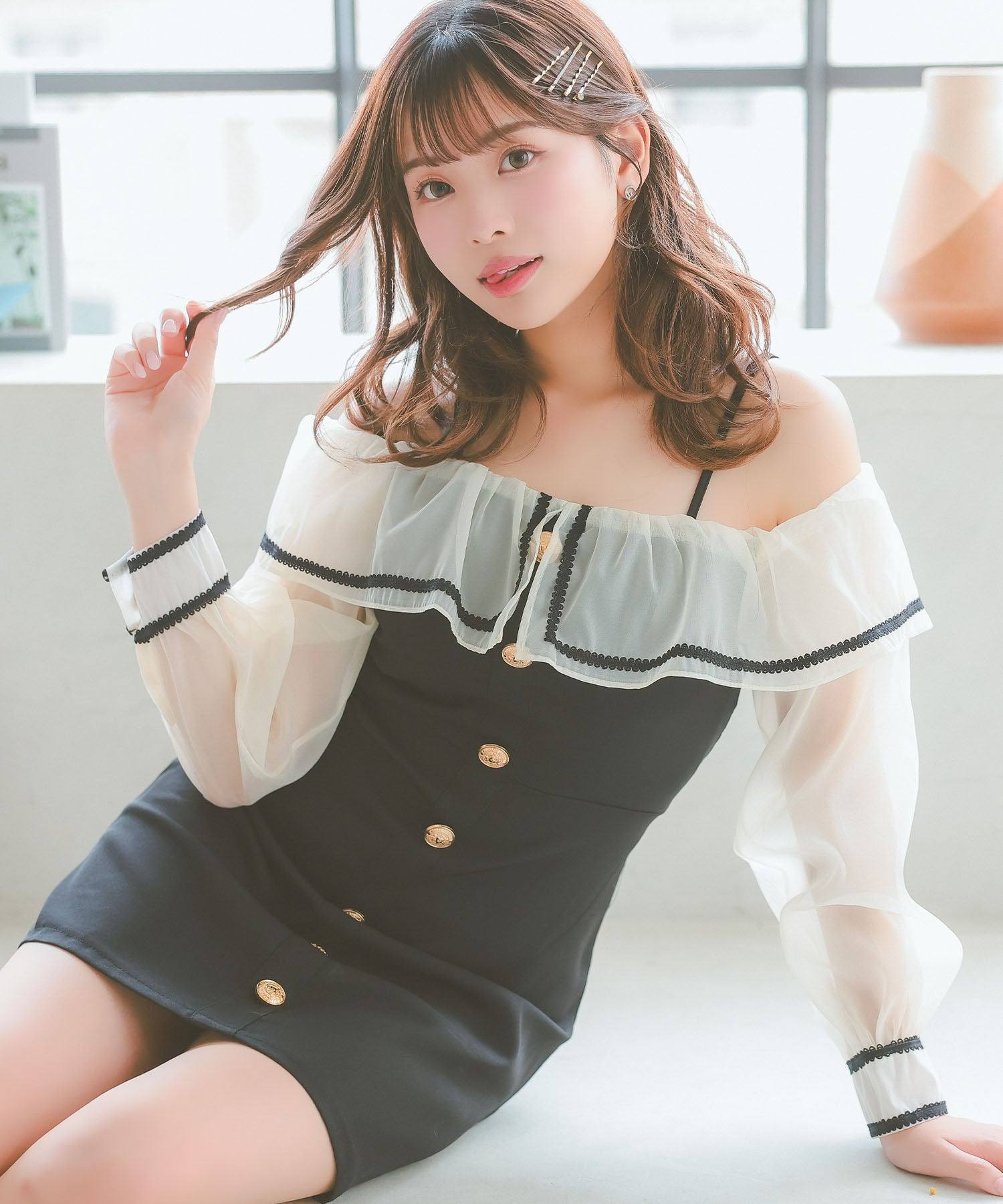 ティカ Tika キャバドレス シアーフリルオープンショルダー切り替えAラインフレア長袖ミニドレス (Sサイズ～XLサイズ) （ブラック） ブラック