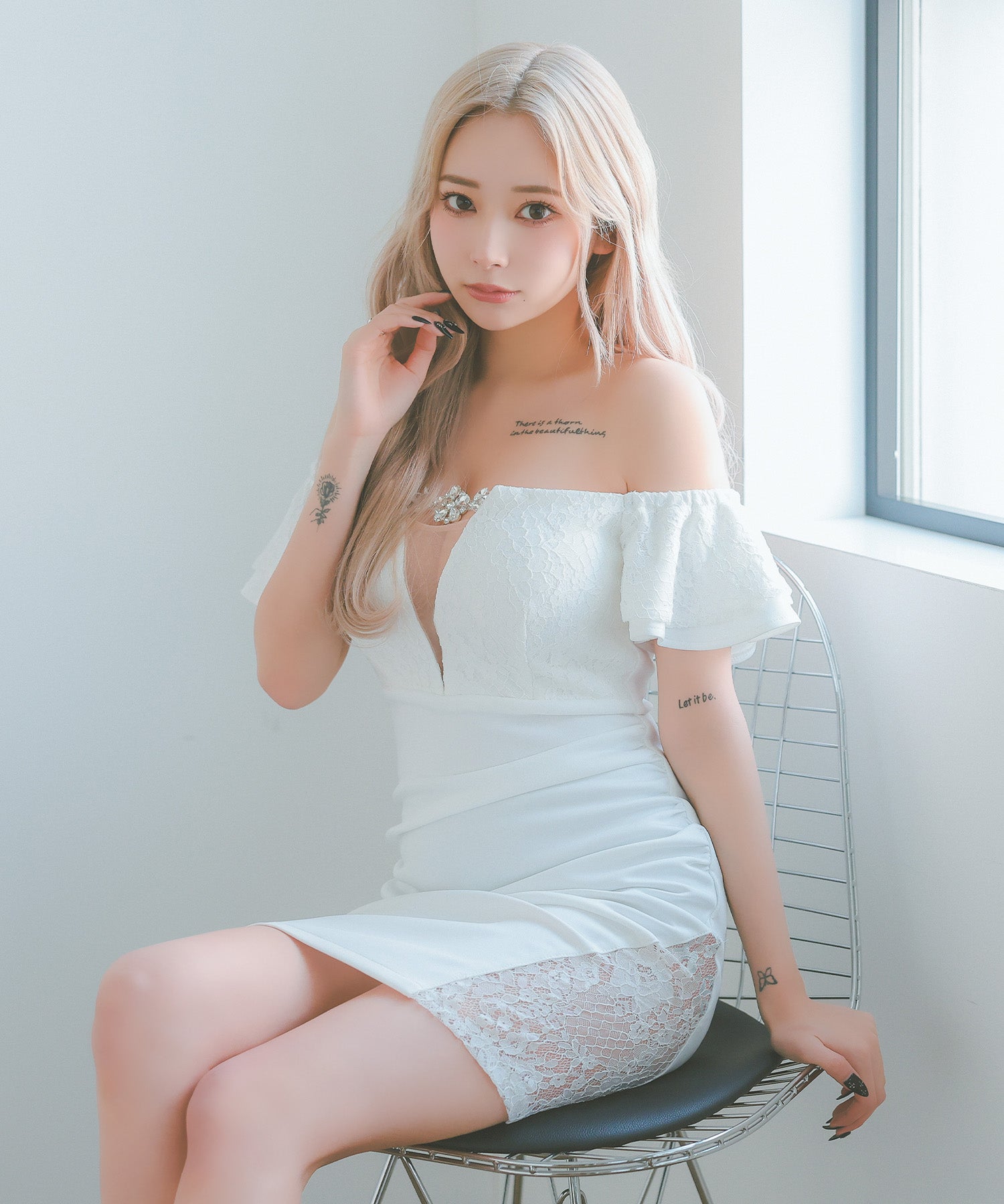 Tika Bust Nudy Bijou Off-Shoulder Lace Frill Sleeve Stretch Tight Mini Dress