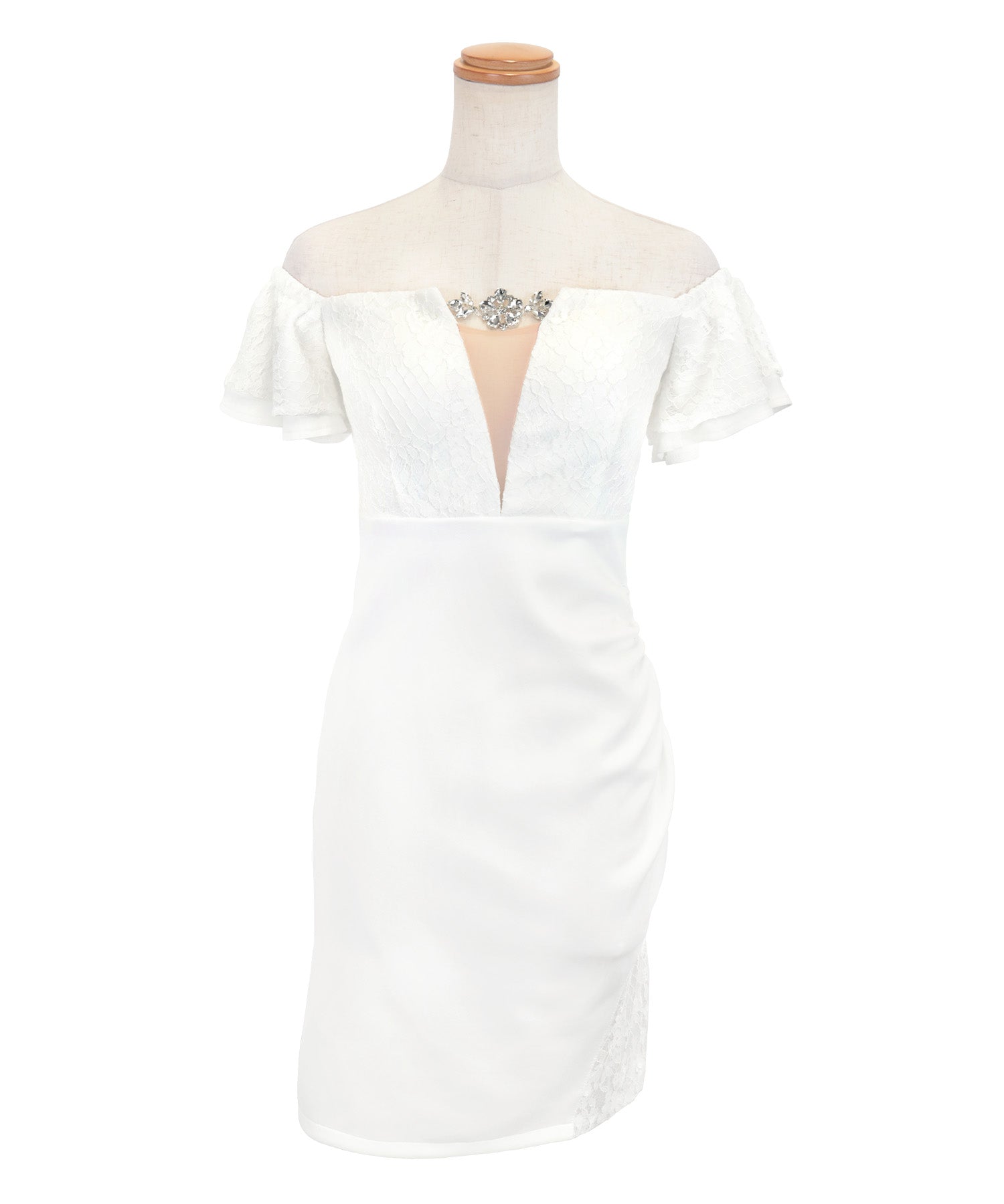 Tika Bust Nudy Bijou Off-Shoulder Lace Frill Sleeve Stretch Tight Mini Dress