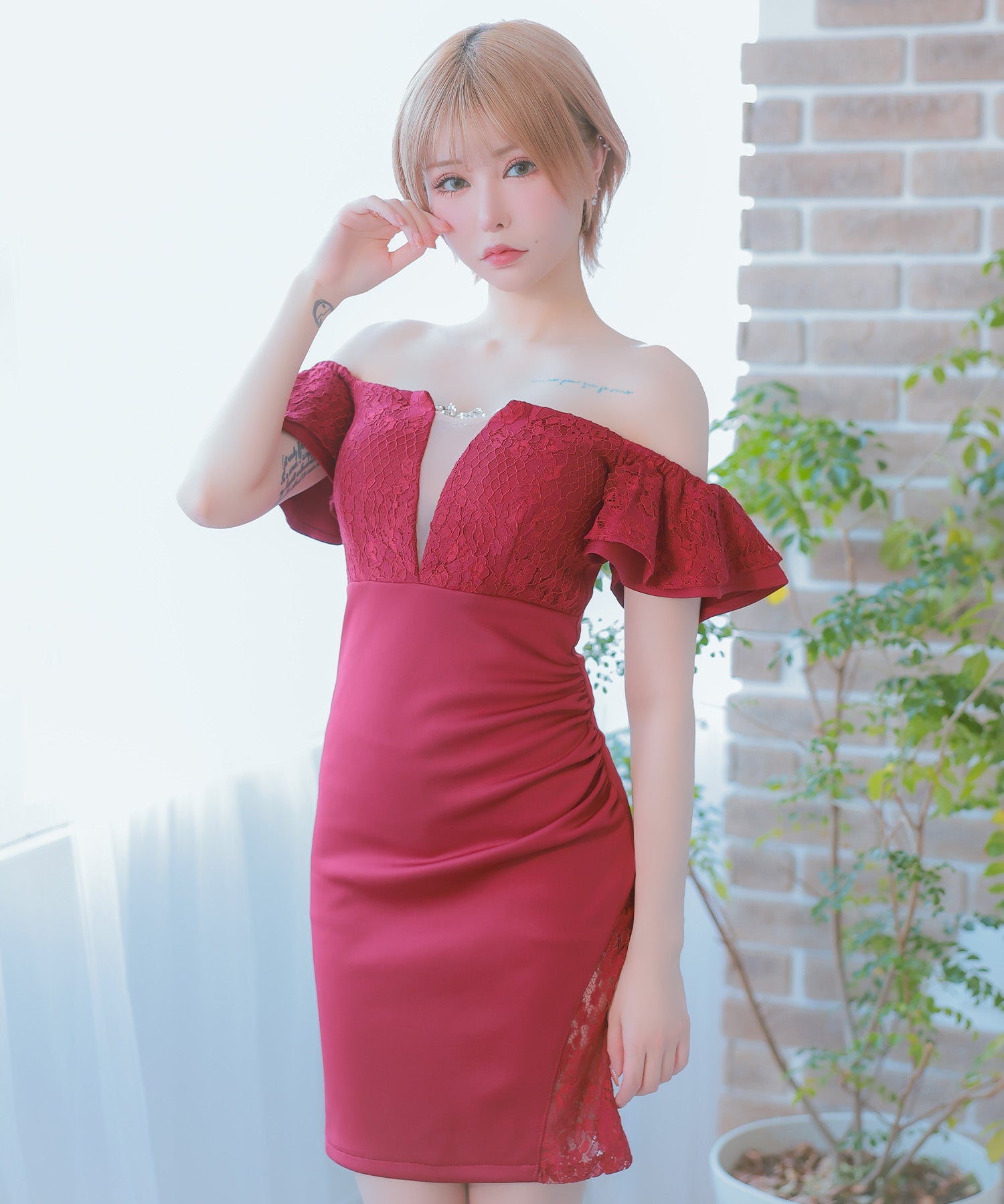 Tika Bust Nudy Bijou Off-Shoulder Lace Frill Sleeve Stretch Tight Mini Dress