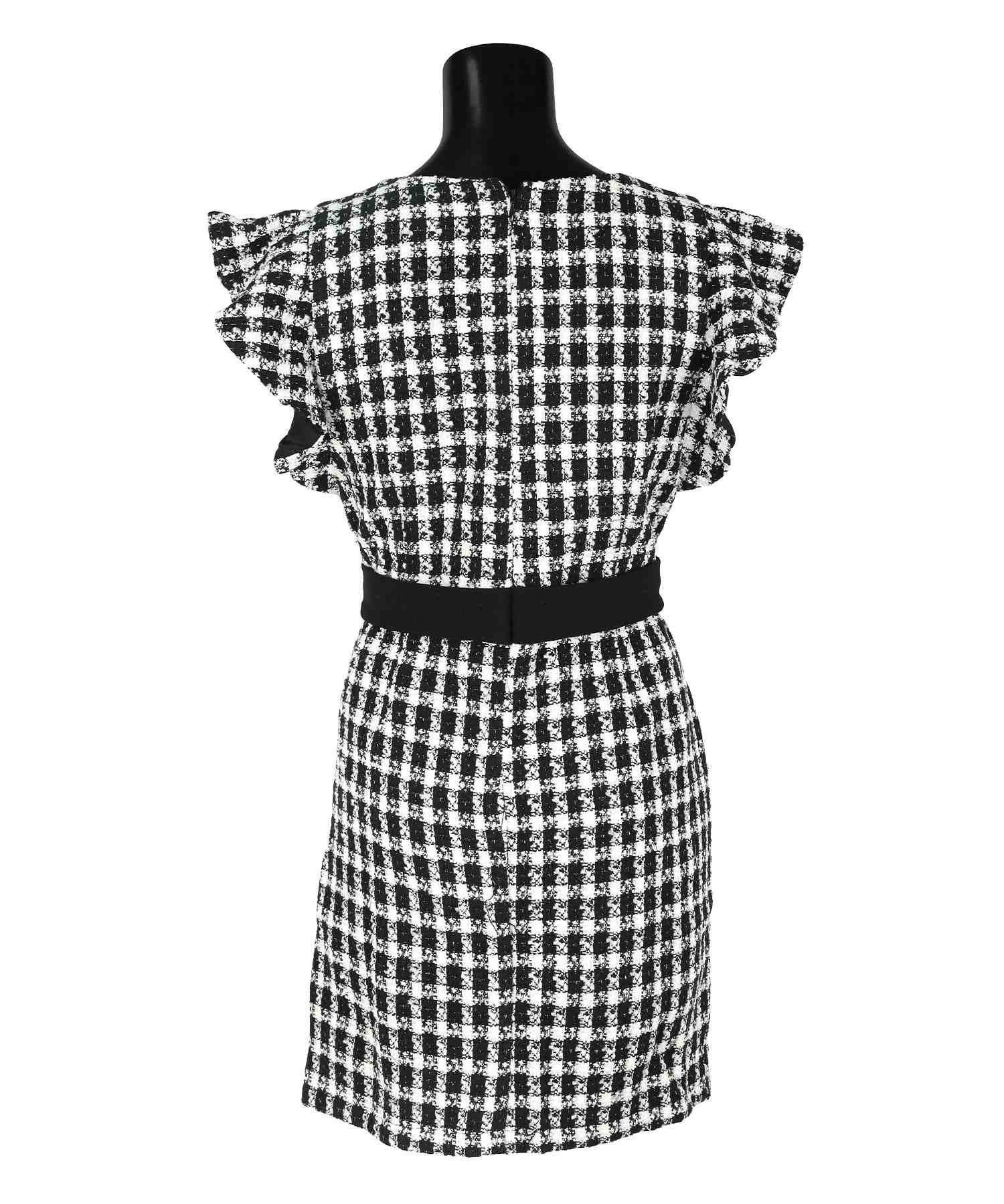 ティカ Tika クロスネックフリル袖ウエストリボンモノトーンツイードタイトミニドレス