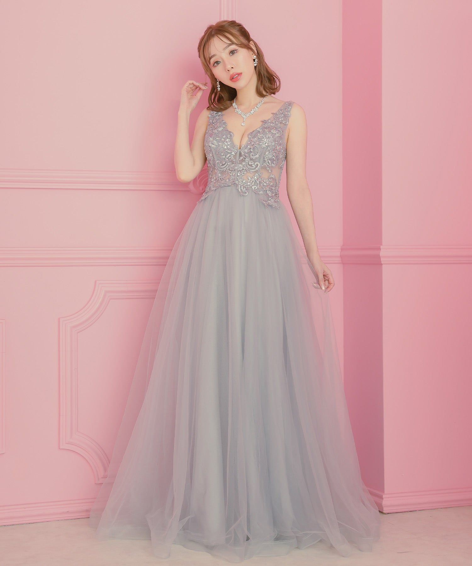 Tika Sheer Flower Embroidery Jewel Sleeveless Tulle A-Line Long Birthday Dress