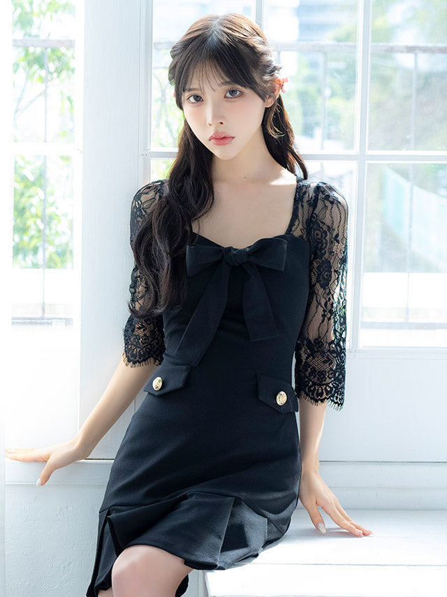 蒂卡 Tika 韓國裙子袖子有蕾絲切換胸部蝴蝶結盒褶緊身迷你裙