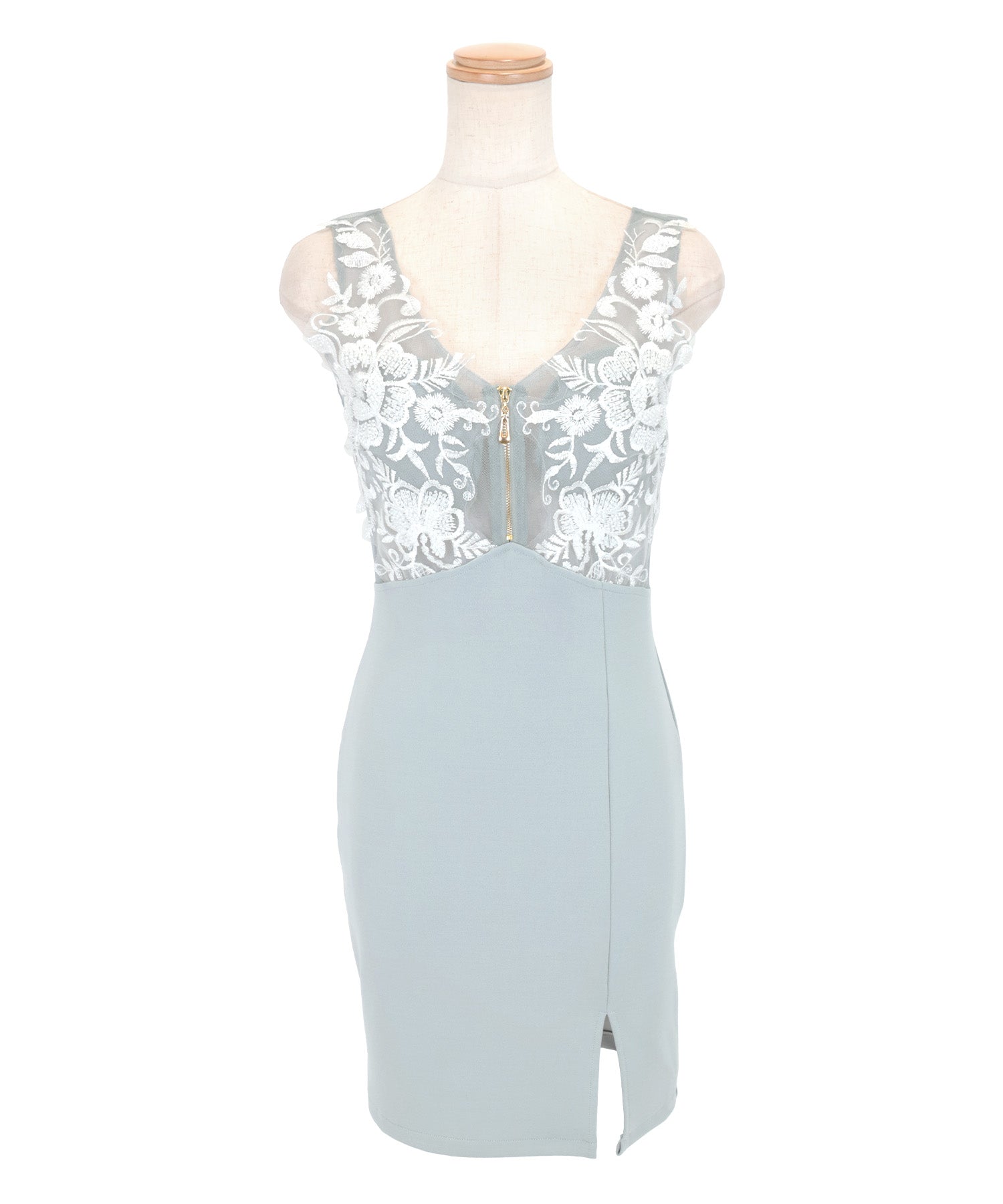 ティカ Tika ノースリーブバストジップシースルーフラワー刺繍切り替えストレッチサイドスリットタイトミニドレス