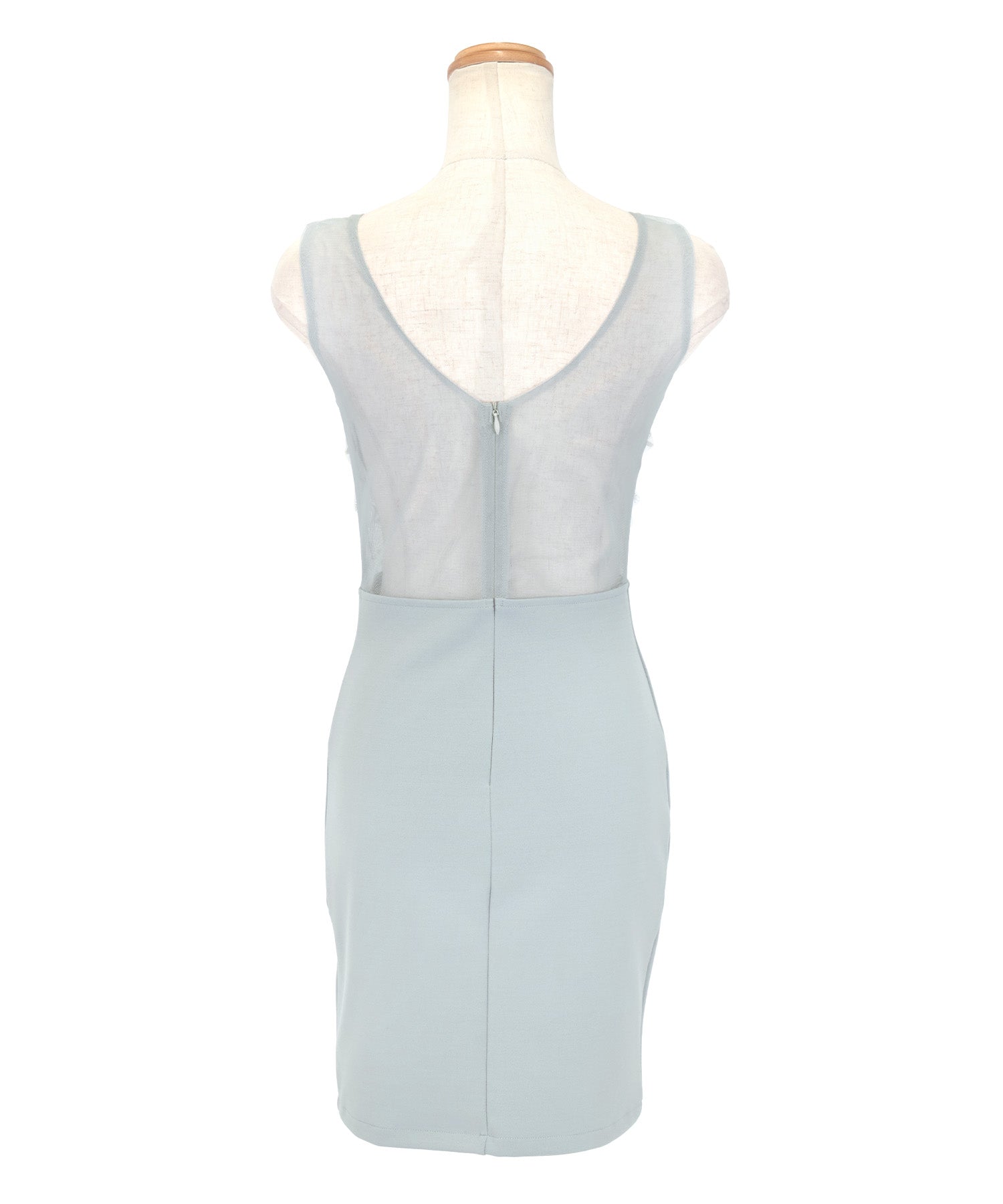 ティカ Tika ノースリーブバストジップシースルーフラワー刺繍切り替えストレッチサイドスリットタイトミニドレス