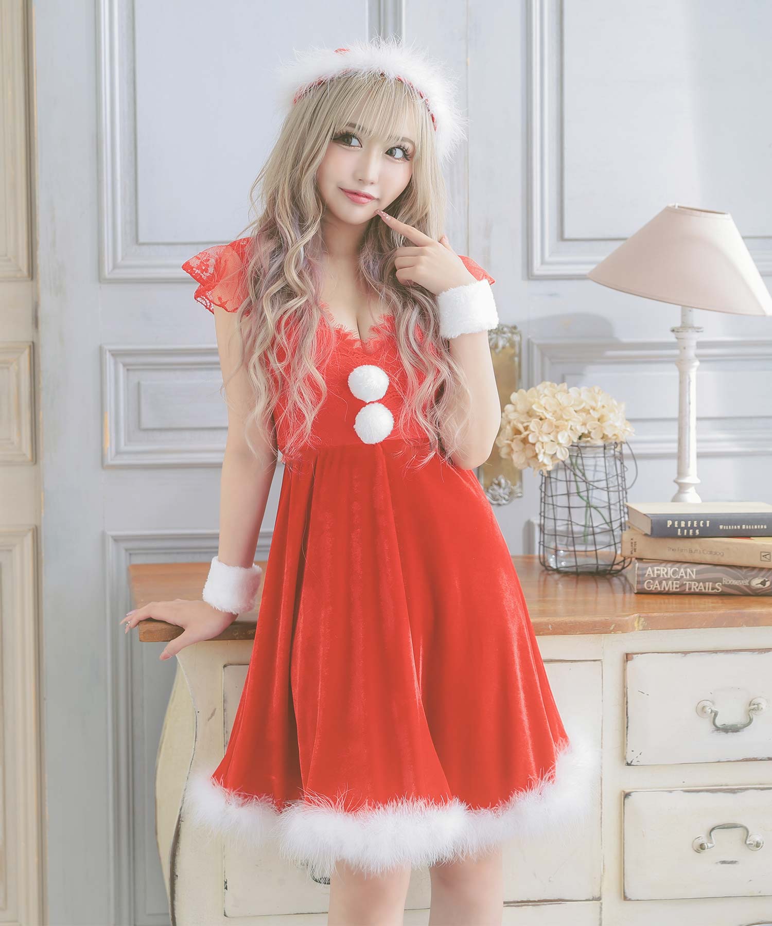 ティカ Tika レースフリル袖Aラインベロアサンタコスプレ 3点セット【返品不可商品】,レッド