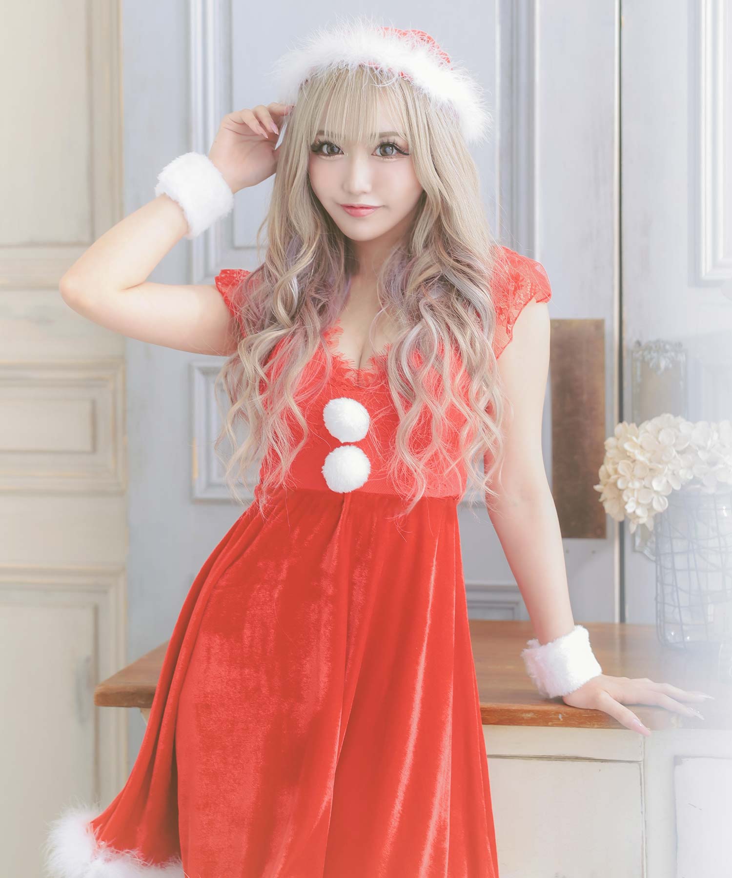 ティカ Tika レースフリル袖Aラインベロアサンタコスプレ 3点セット【返品不可商品】