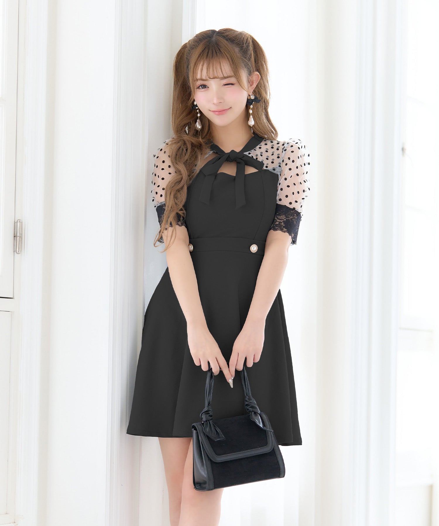 Tika Dot Pattern Sheer Short Sleeve Neck Ribbon Flare Mini Dress