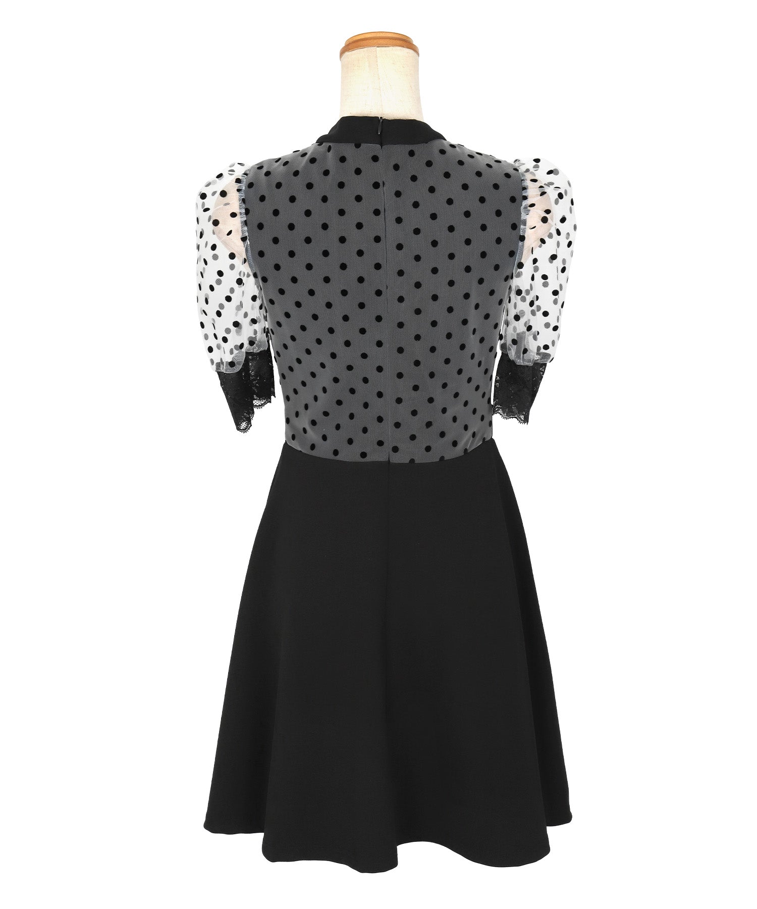Tika Dot Pattern Sheer Short Sleeve Neck Ribbon Flare Mini Dress