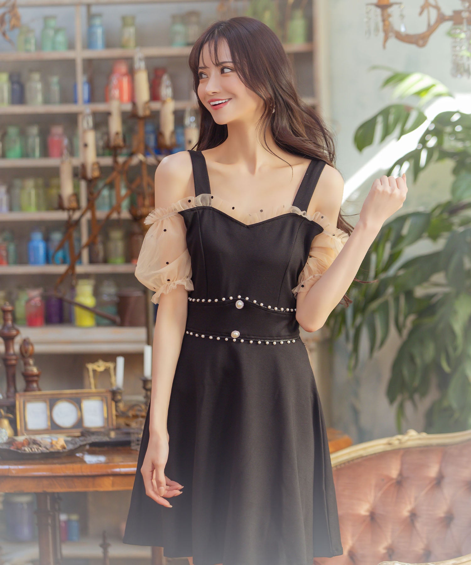 Tika Sheer Shoulder-Open Girly High-Waist Flare Mini Dress