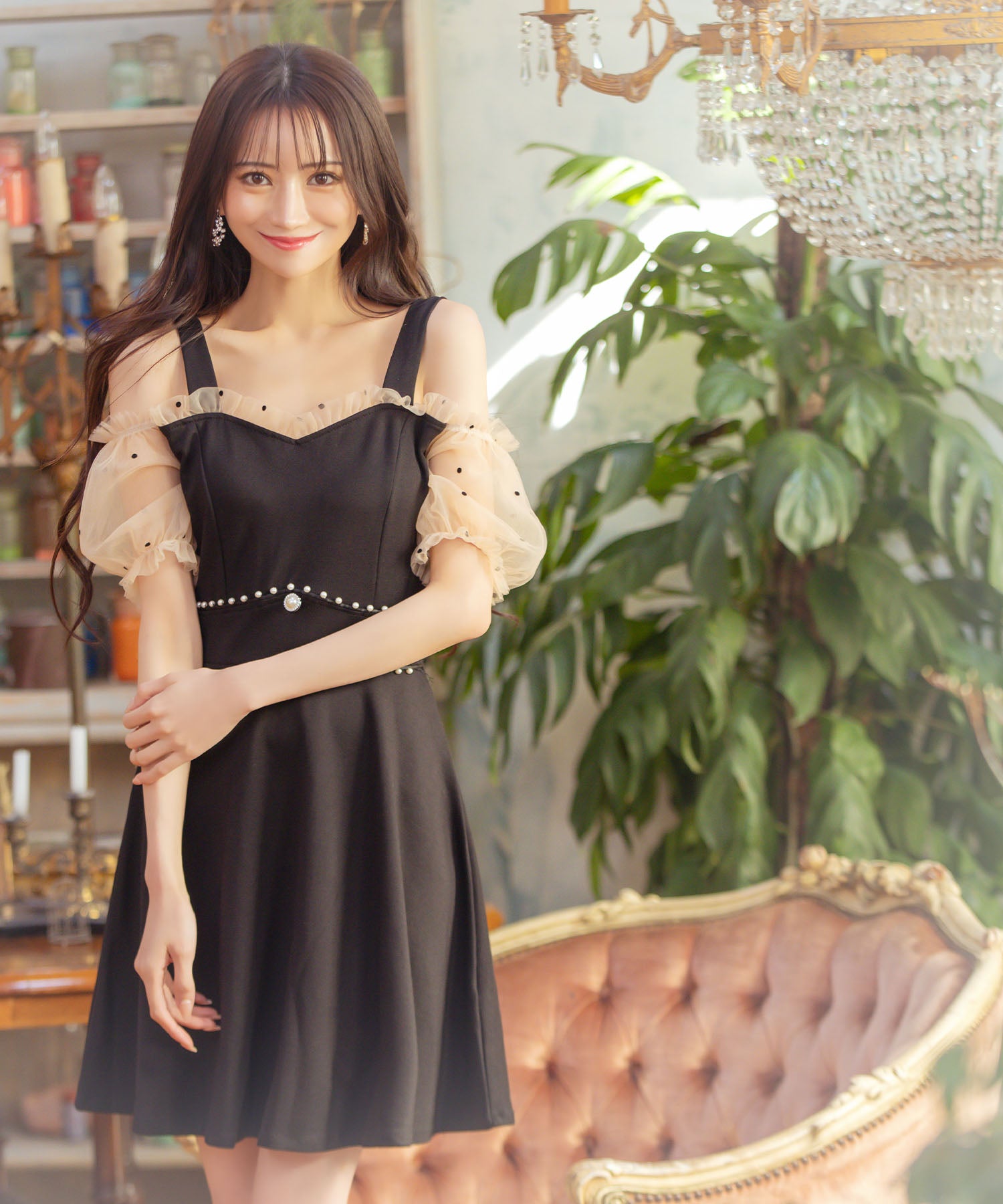 Tika Sheer Shoulder-Open Girly High-Waist Flare Mini Dress