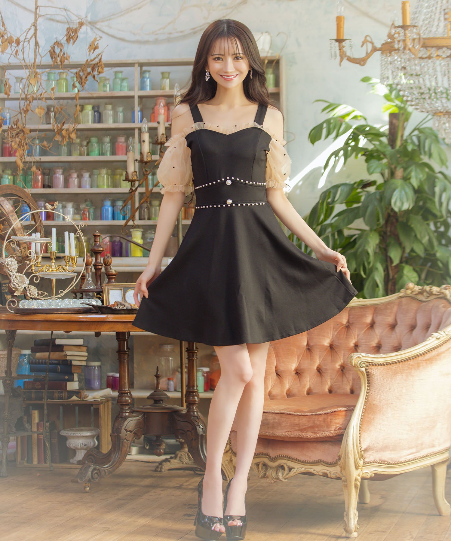 Tika Sheer Shoulder-Open Girly High-Waist Flare Mini Dress