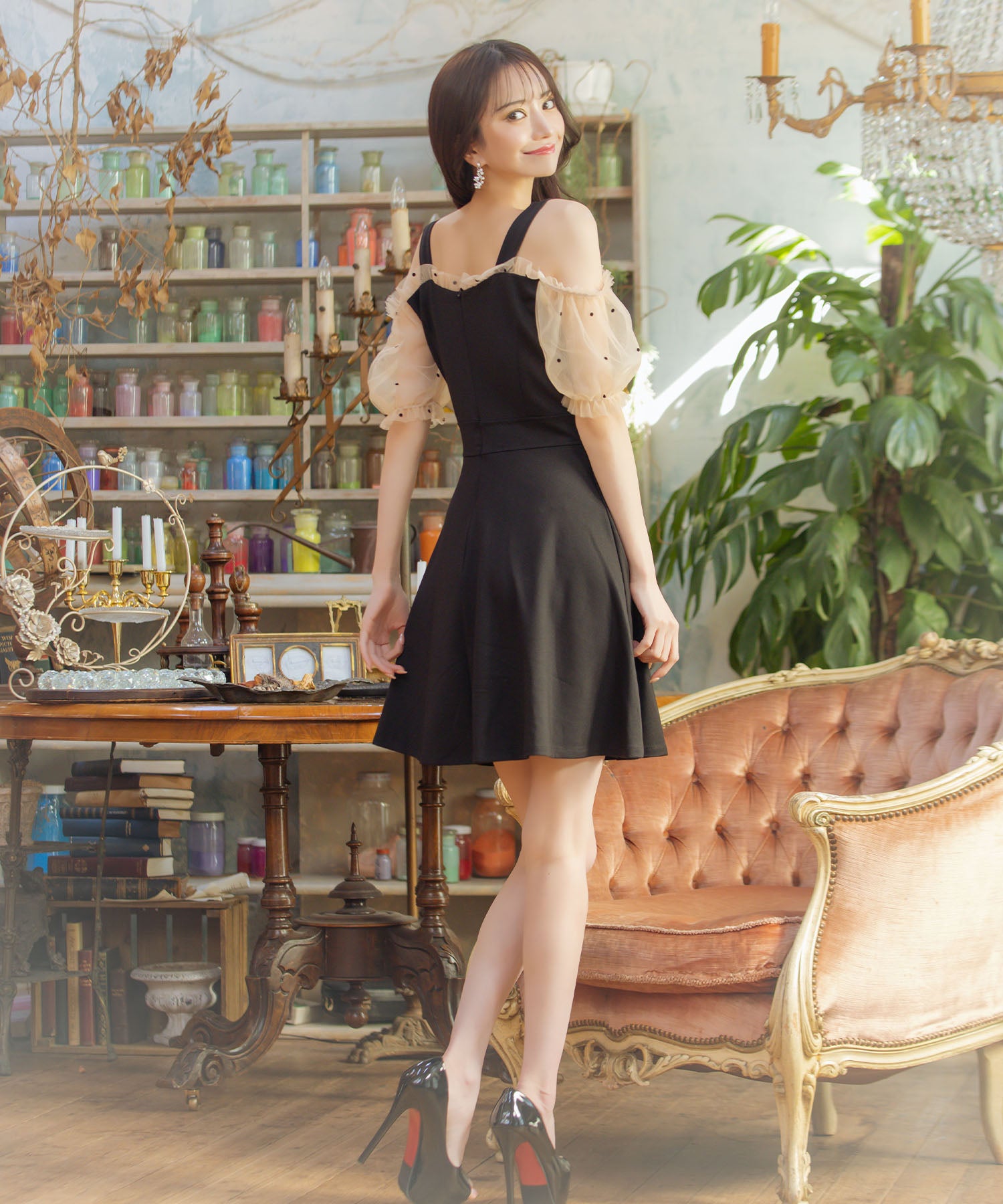 Tika Sheer Shoulder-Open Girly High-Waist Flare Mini Dress