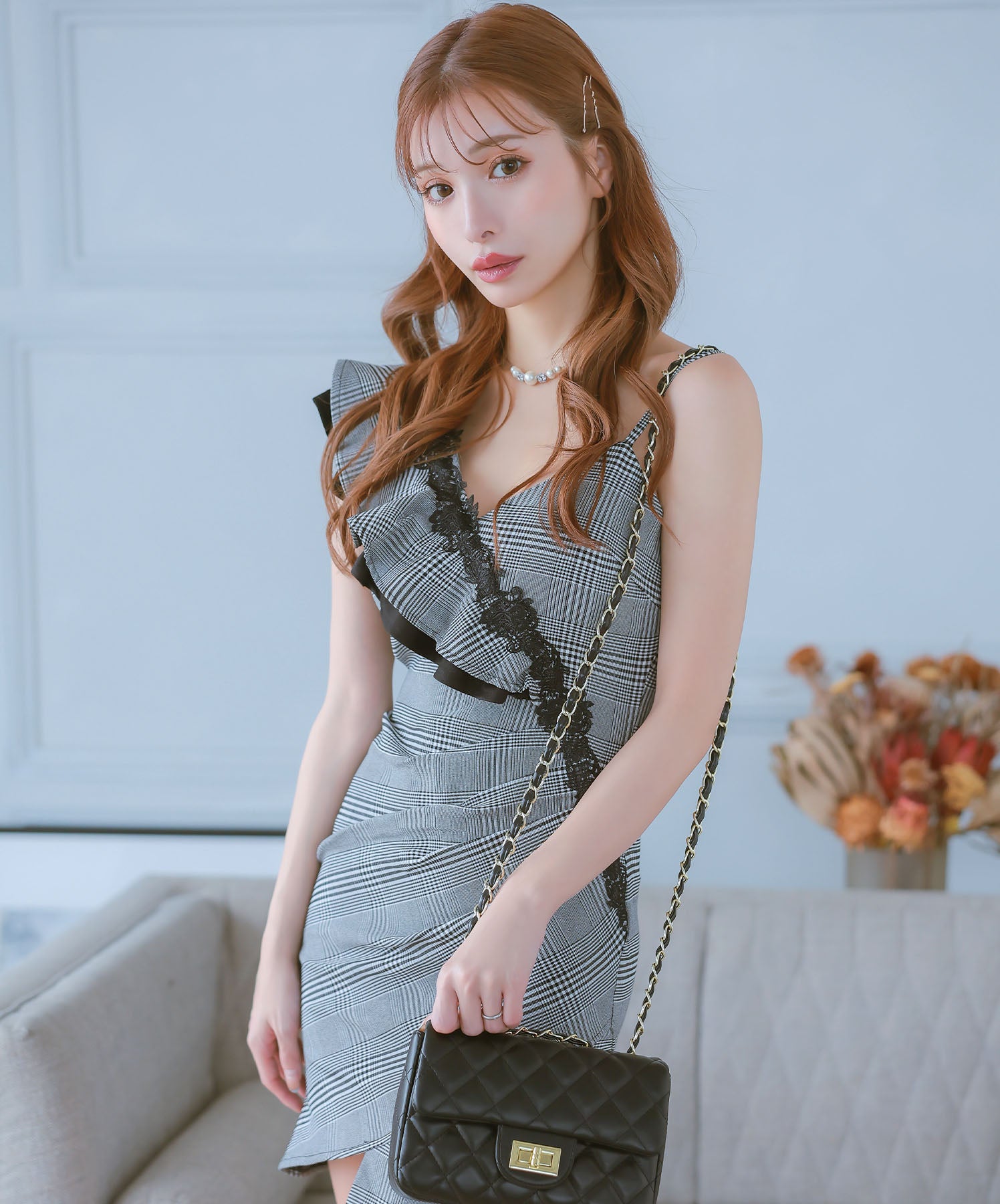 Tika One-Shoulder Ruffle Sleeve Glen Check Pattern Gathered Wrap Asymmetric Tight Mini Dress