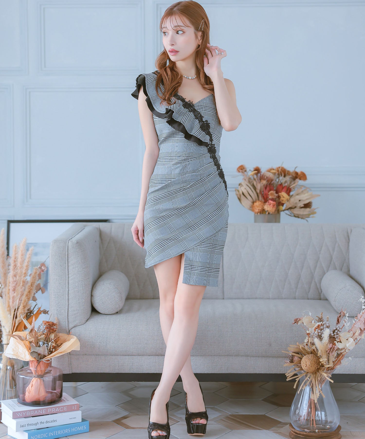 Tika One-Shoulder Ruffle Sleeve Glen Check Pattern Gathered Wrap Asymmetric Tight Mini Dress