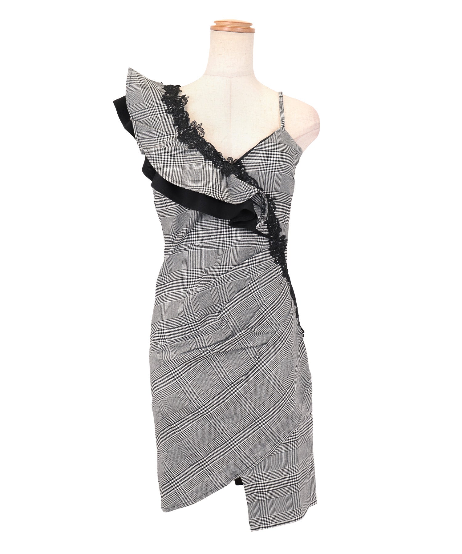 Tika One-Shoulder Ruffle Sleeve Glen Check Pattern Gathered Wrap Asymmetric Tight Mini Dress