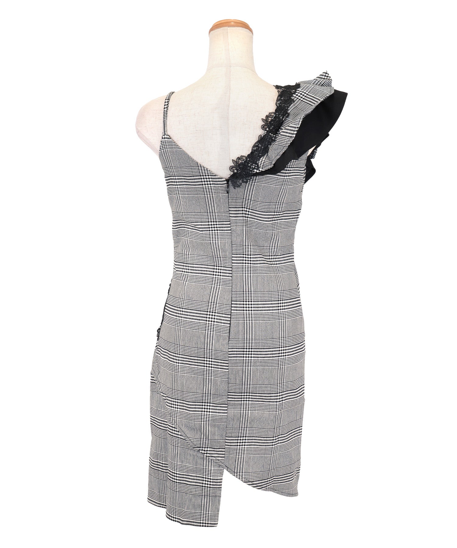 Tika One-Shoulder Ruffle Sleeve Glen Check Pattern Gathered Wrap Asymmetric Tight Mini Dress