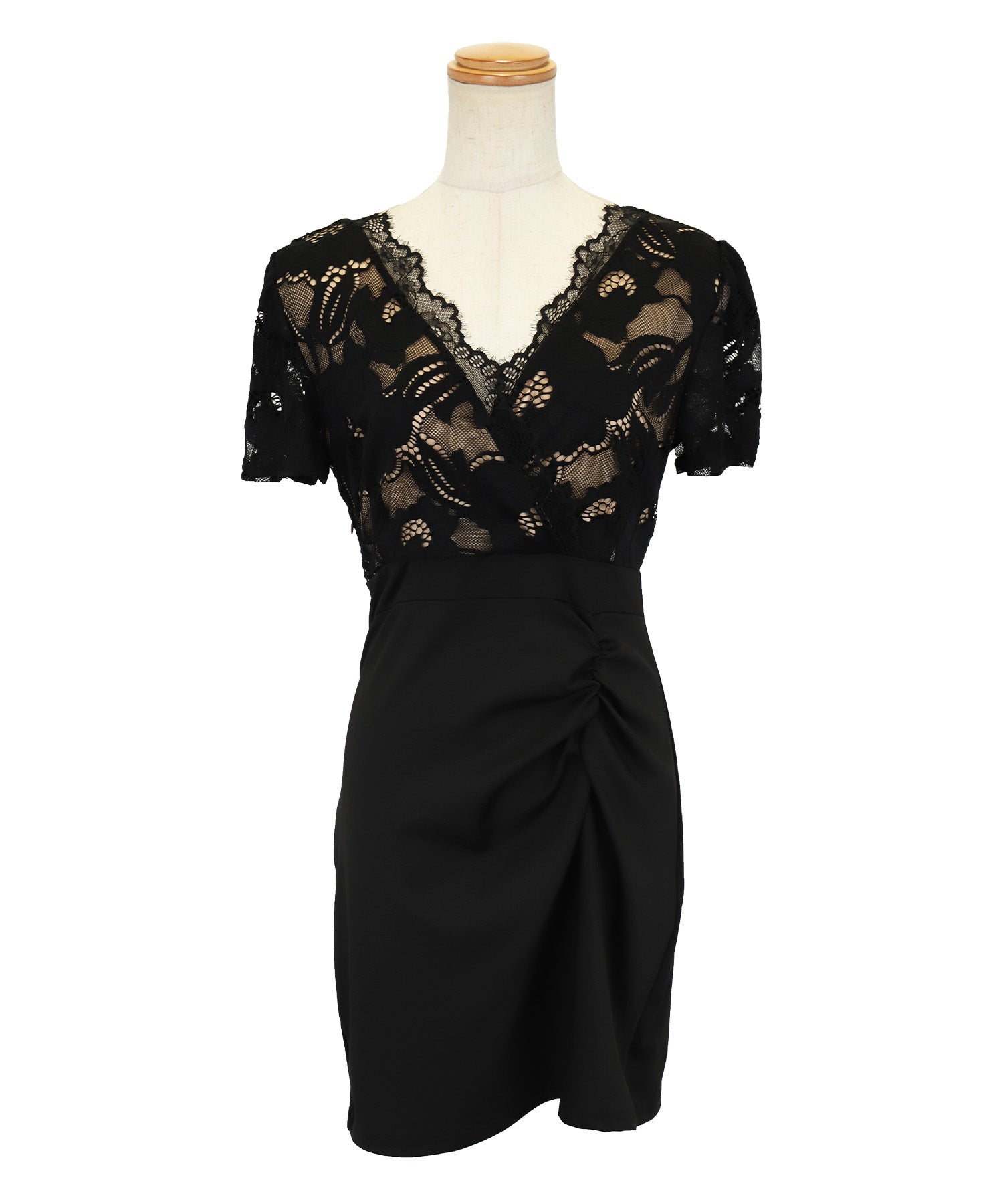 Tika Nudie Lace Switch Gathered Slit Short Sleeve Tight Mini Dress