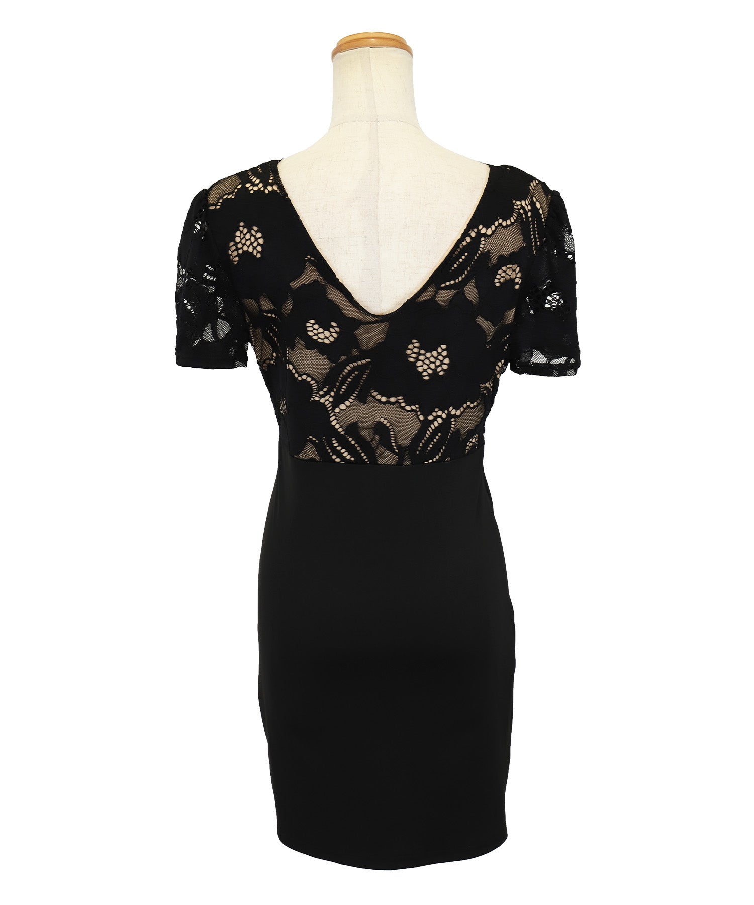Tika Nudie Lace Switch Gathered Slit Short Sleeve Tight Mini Dress