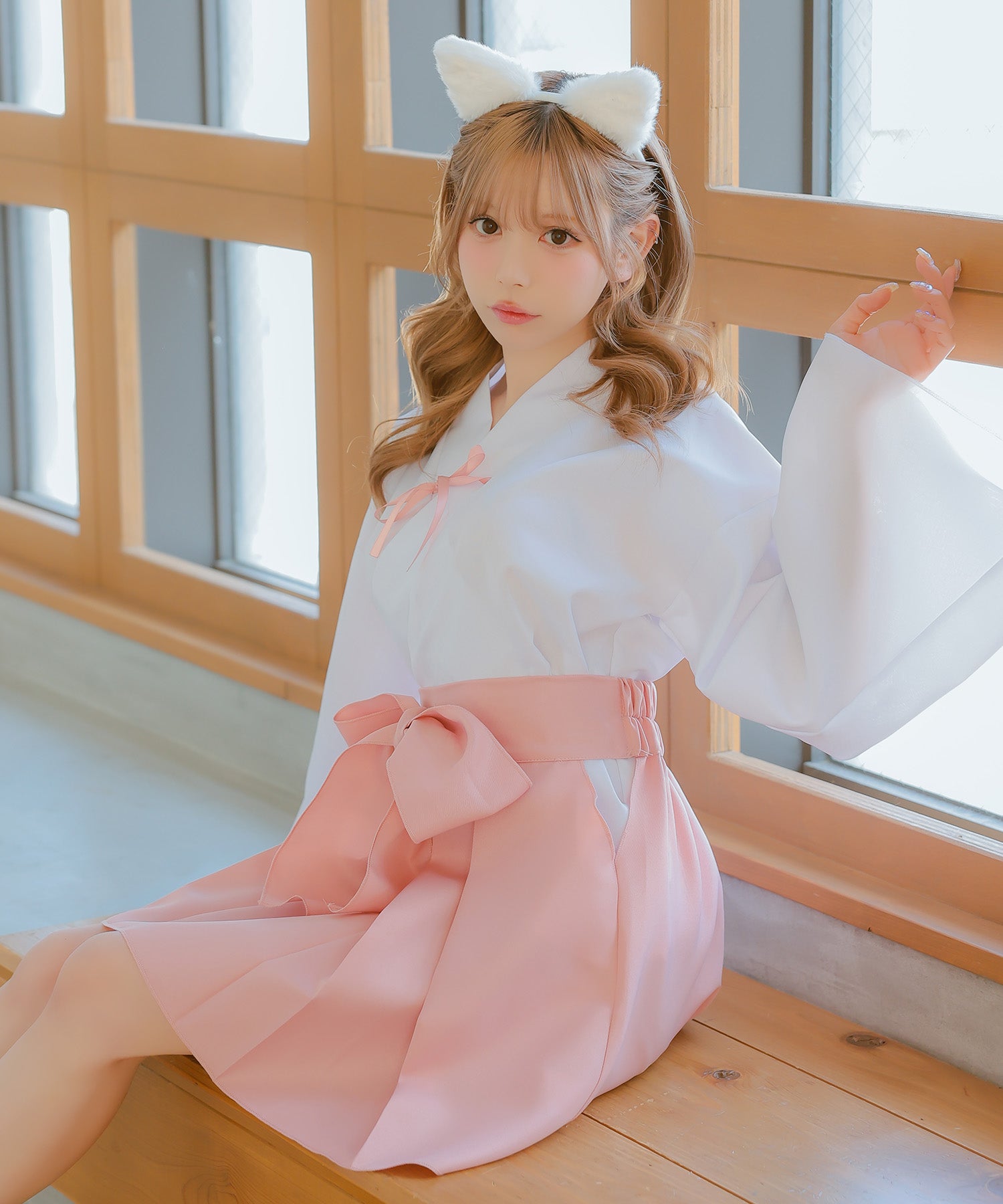 ティカ Tika コスプレ和装体型カバーフレアスカート巫女×白猫アニマルコスプレ [3点セット]