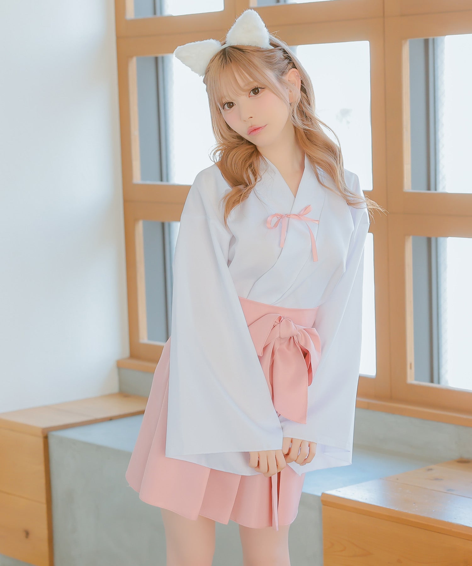 ティカ Tika コスプレ和装体型カバーフレアスカート巫女×白猫アニマルコスプレ [3点セット]
