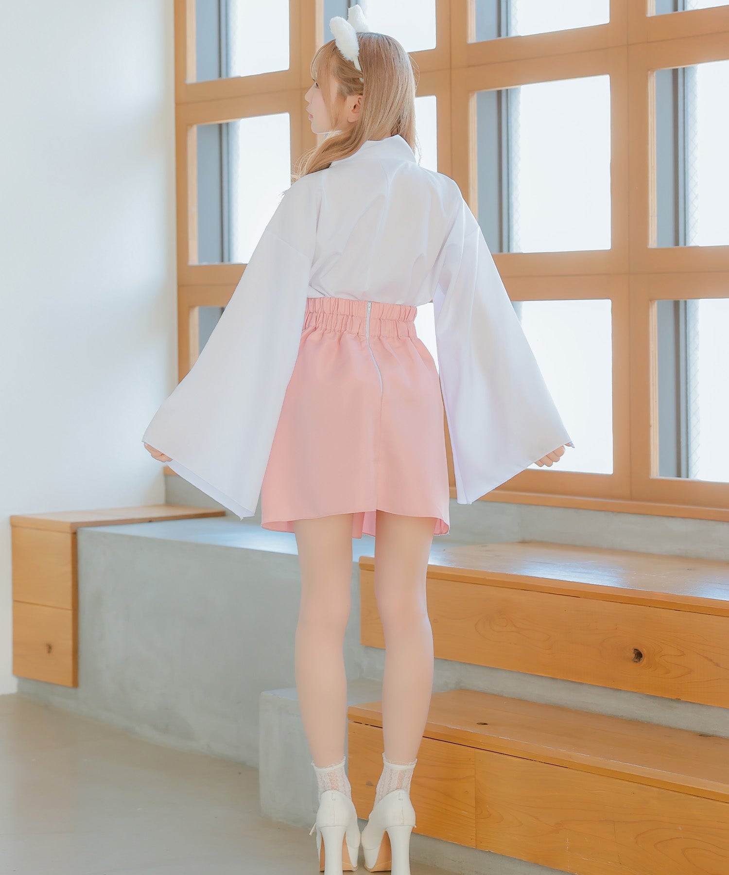 ティカ Tika コスプレ和装体型カバーフレアスカート巫女×白猫アニマルコスプレ [3点セット]