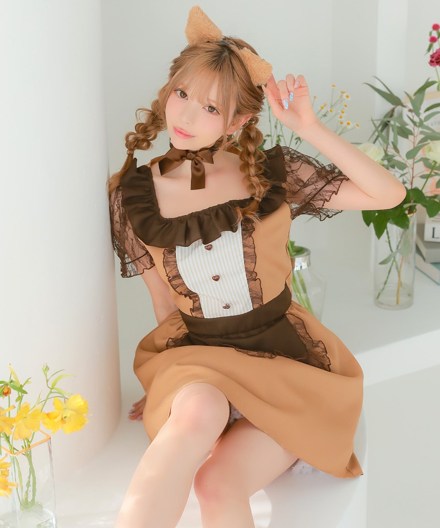 ティカ Tika コスプレ]3点set メイドデザインキャラメルキティフレアスカートガーリー猫アニマルコスプレ