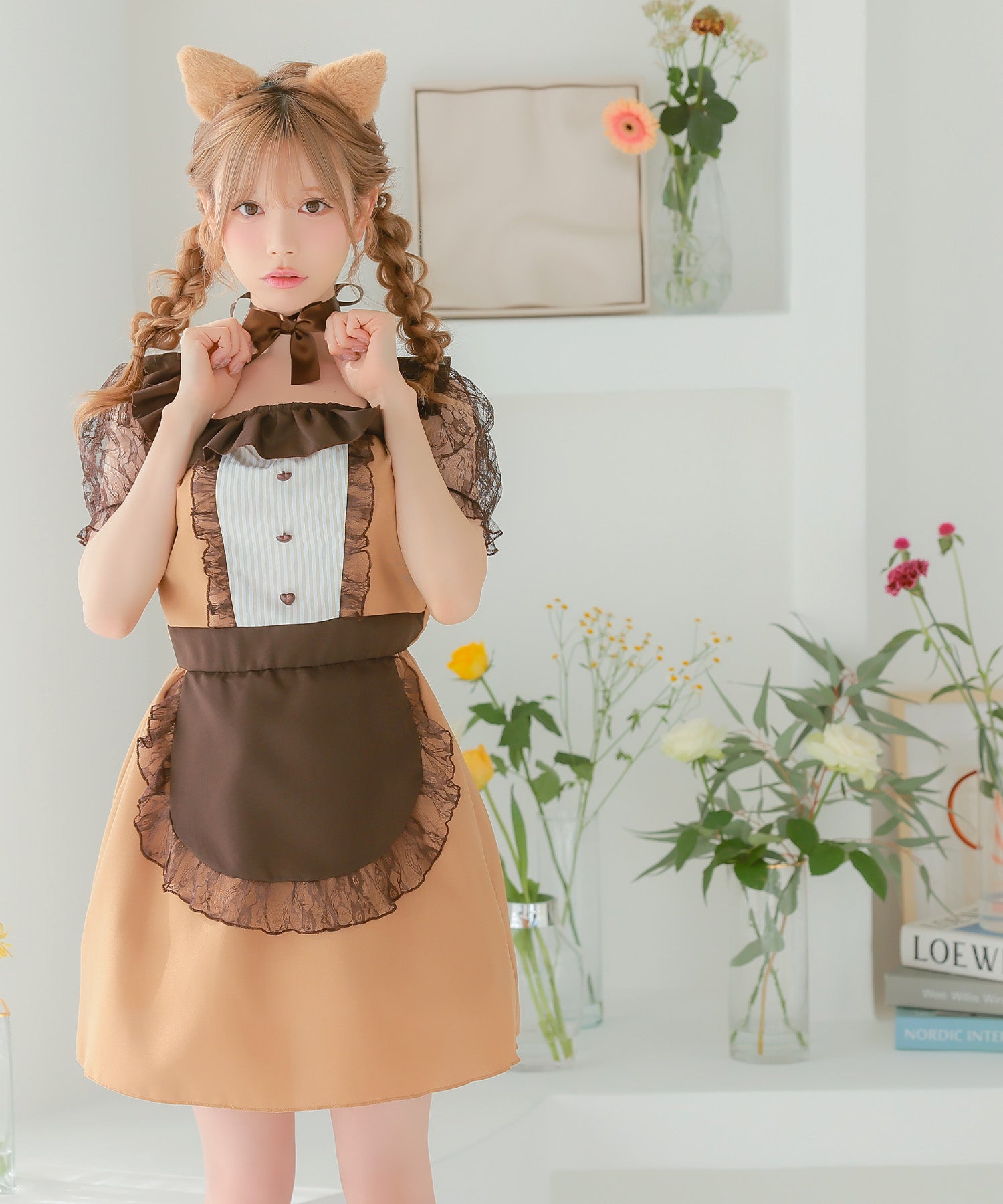 ティカ Tika コスプレ]3点set メイドデザインキャラメルキティフレアスカートガーリー猫アニマルコスプレ