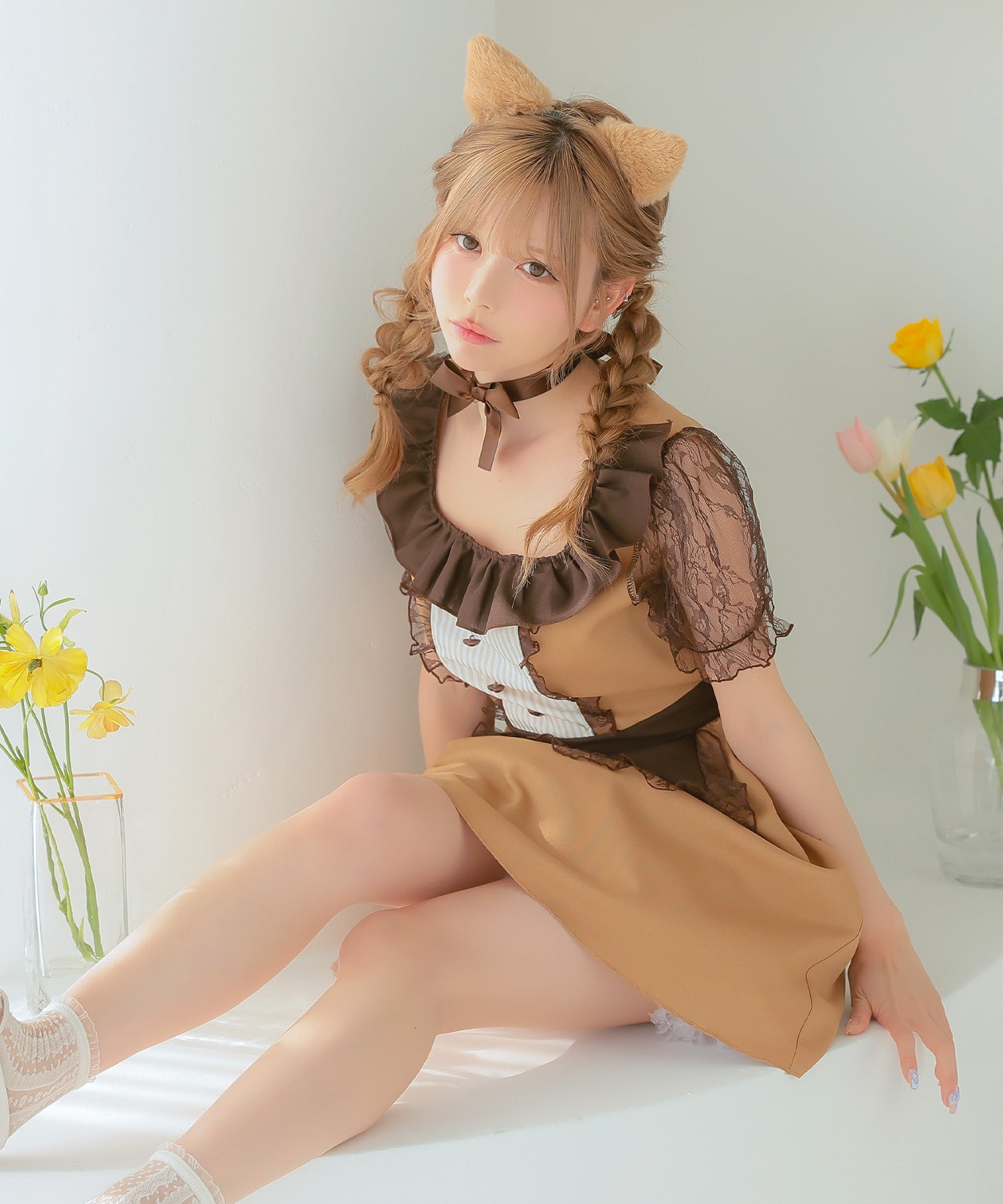 ティカ Tika コスプレ]3点set メイドデザインキャラメルキティフレアスカートガーリー猫アニマルコスプレ