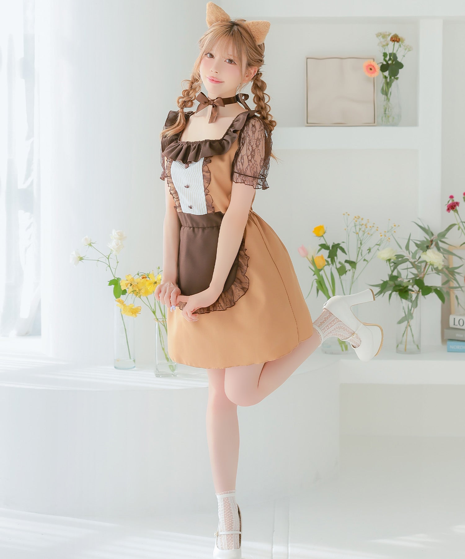ティカ Tika コスプレ]3点set メイドデザインキャラメルキティフレアスカートガーリー猫アニマルコスプレ