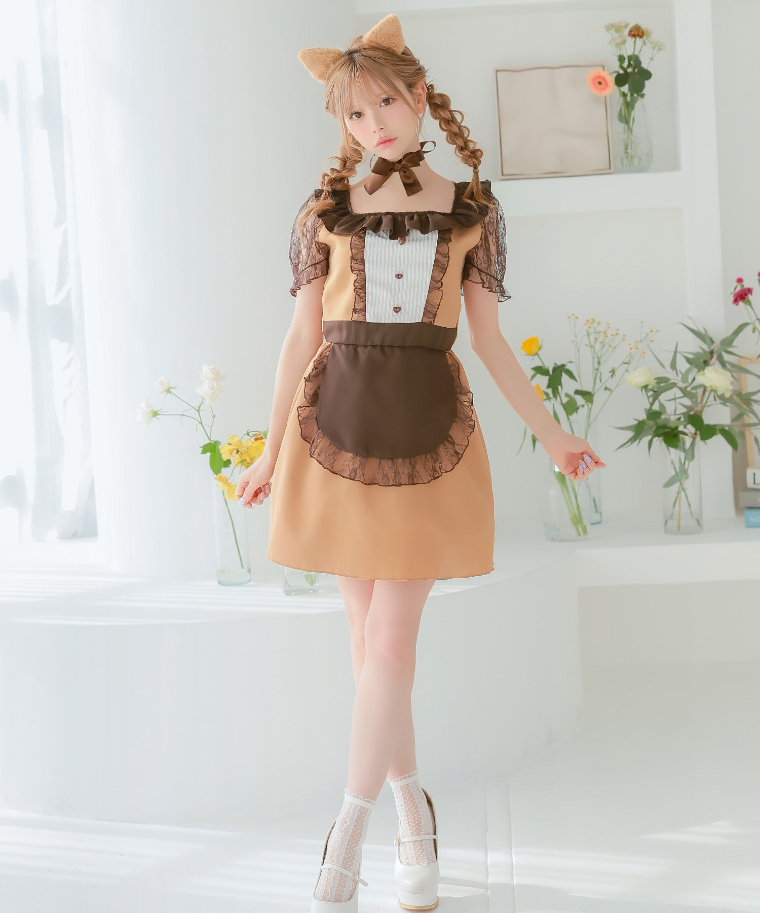 ティカ Tika コスプレ]3点set メイドデザインキャラメルキティフレアスカートガーリー猫アニマルコスプレ