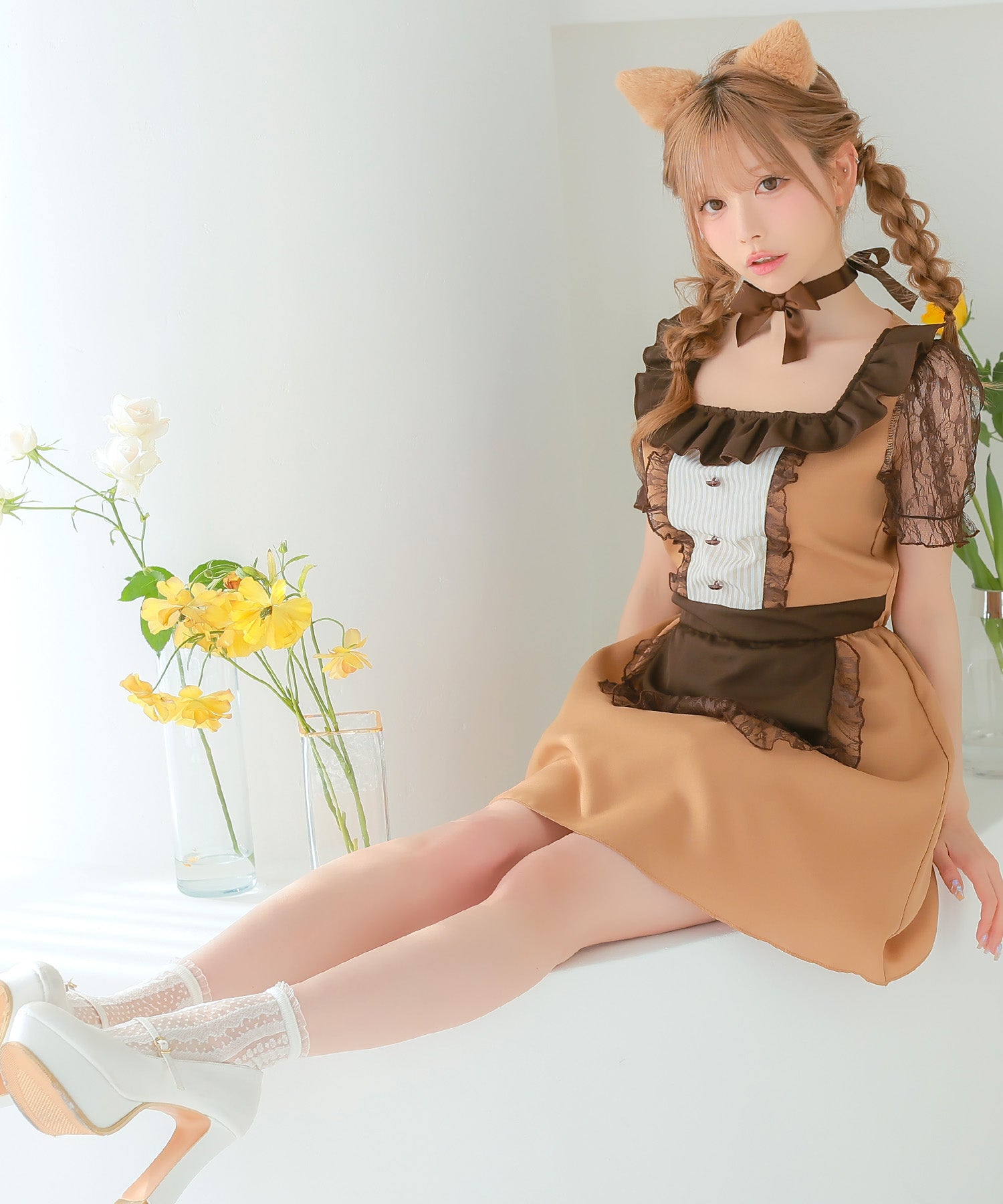 ティカ Tika コスプレ]3点set メイドデザインキャラメルキティフレアスカートガーリー猫アニマルコスプレ