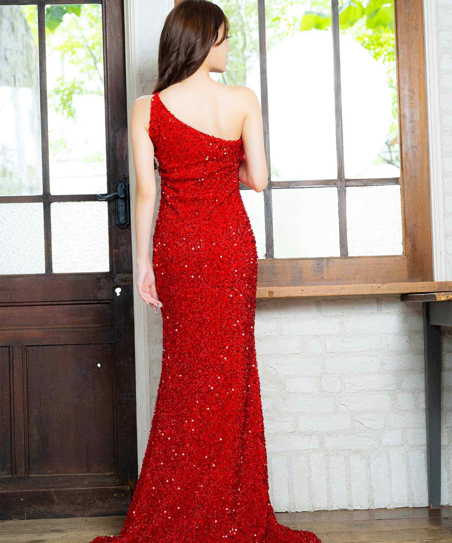 Tika Cabaret Dress with Fur One-Shoulder Sparkling Sequin Slit Tight Long Dress