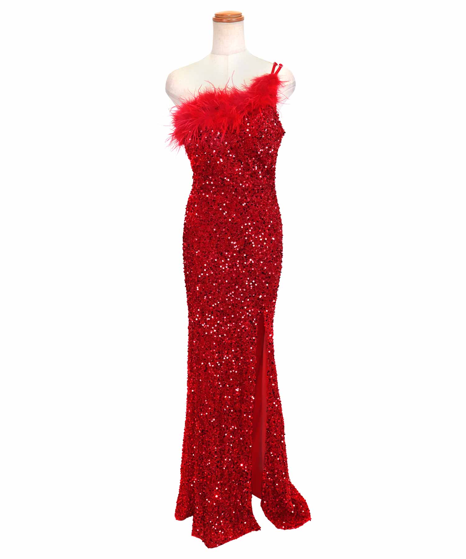Tika Cabaret Dress with Fur One-Shoulder Sparkling Sequin Slit Tight Long Dress